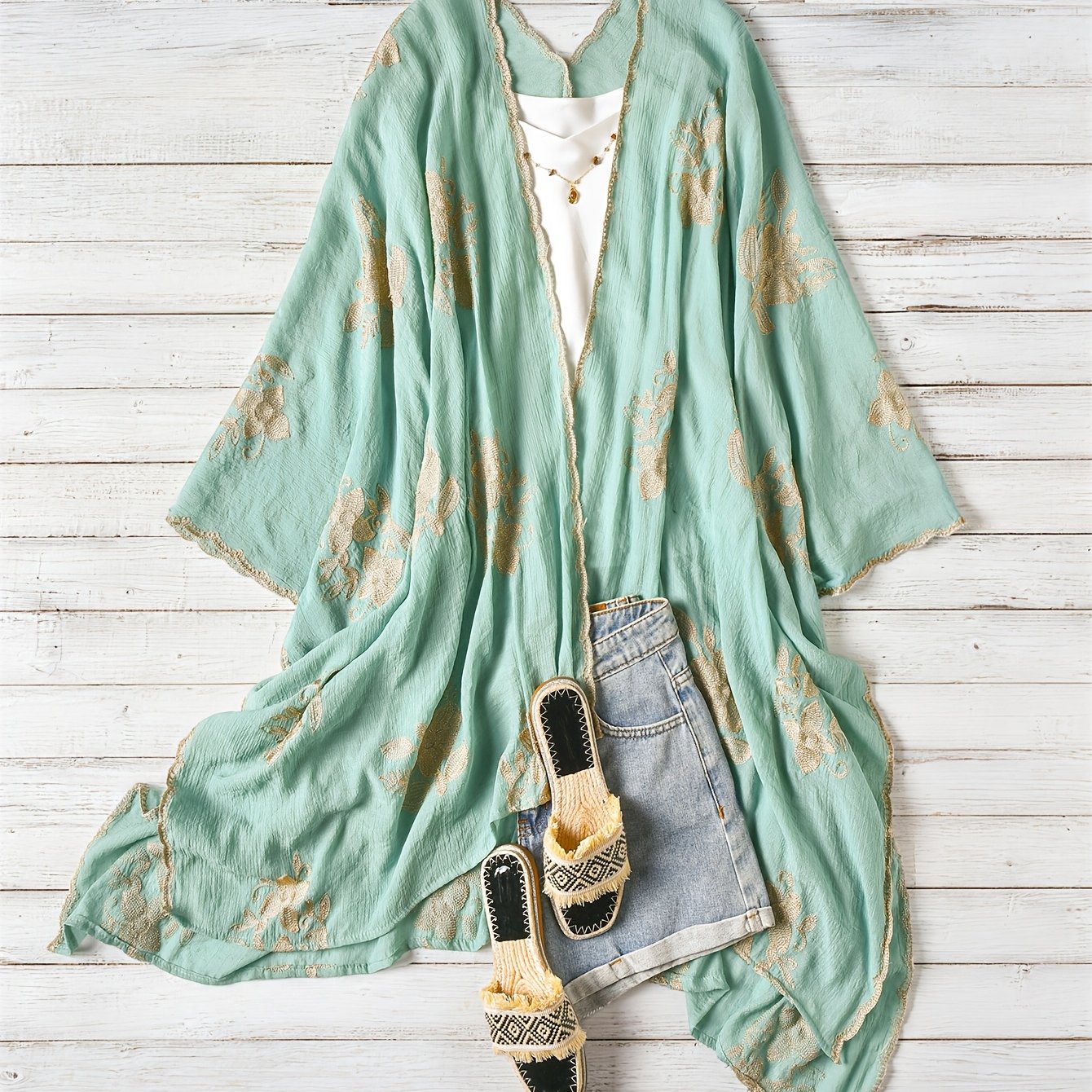 Image of Plus Size - Bohemian Floral Embroidered Cardigan, Women's Lightweight Beach Cover-up, Atmosphere Outerwear