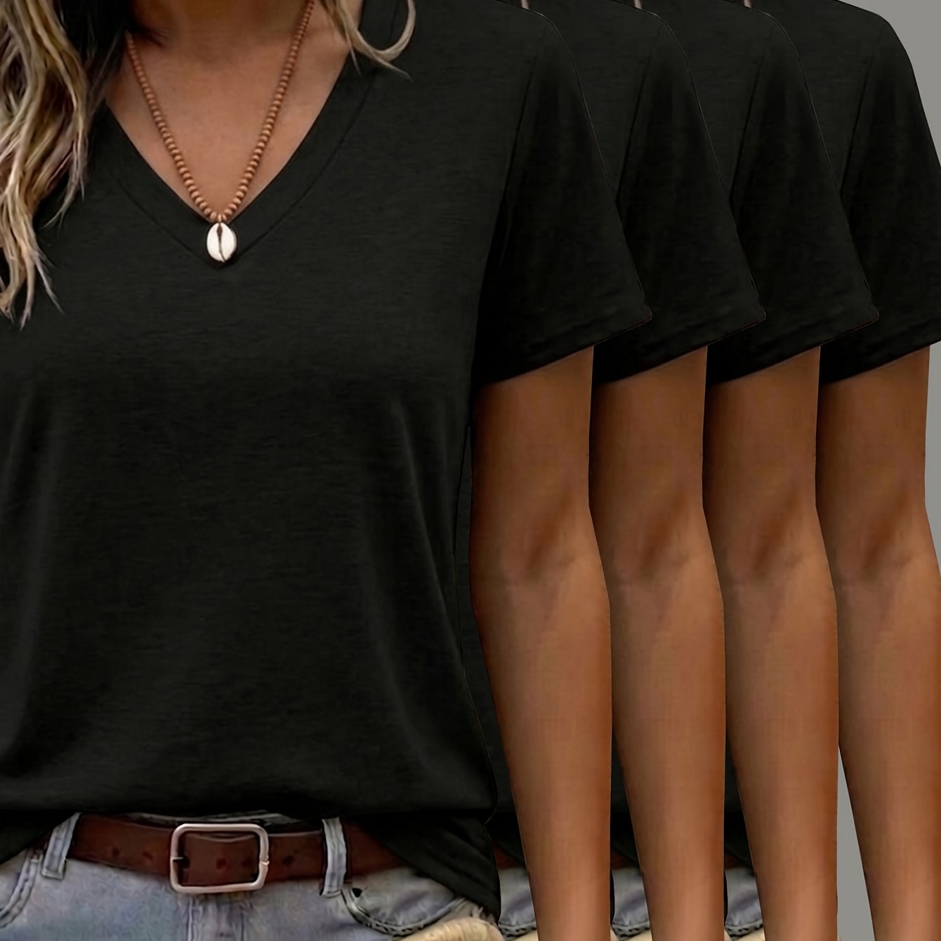 TEMU New 4pcs Solid Color Casual Women's Colored V-neck Short Sleeve T-shirt, Comfortable, Breathable, And Stylish Women's Spring/summer Colored