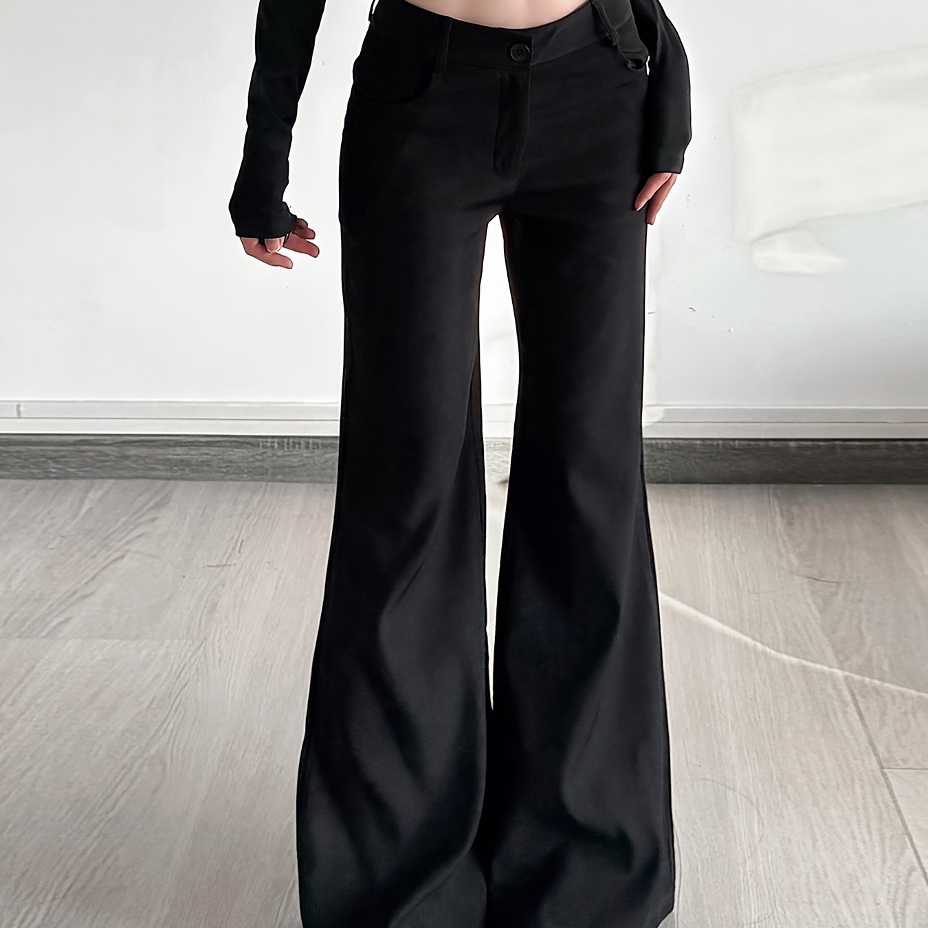 TEMU Sassygals American- Commuting Black Low-waist Flared Suit Pants With A Loose Fit That The Figure, Perfect For Trendy Women