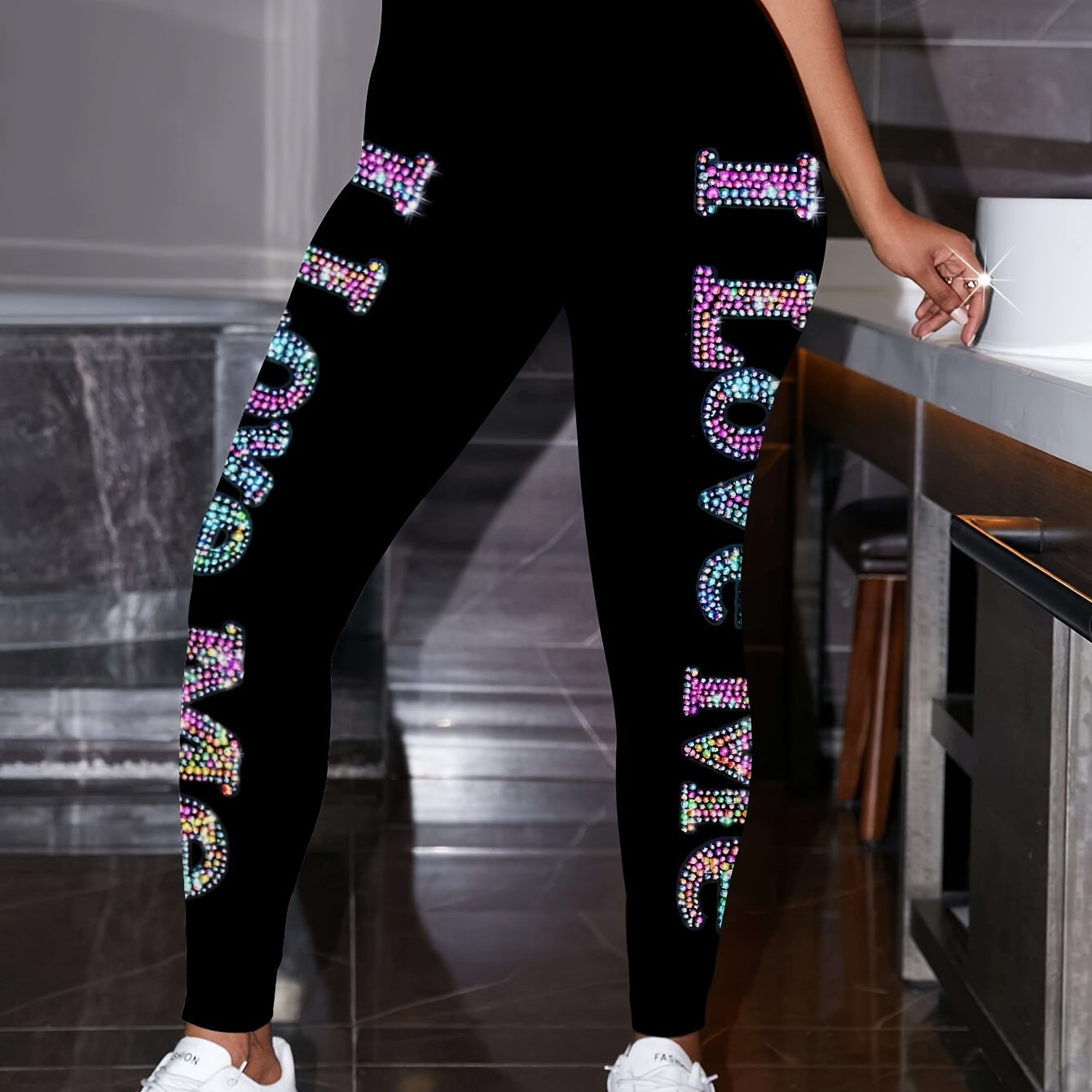 TEMU Women's English Printed Leggings - High-quality, , Comfortable With Patterns (pants Only)