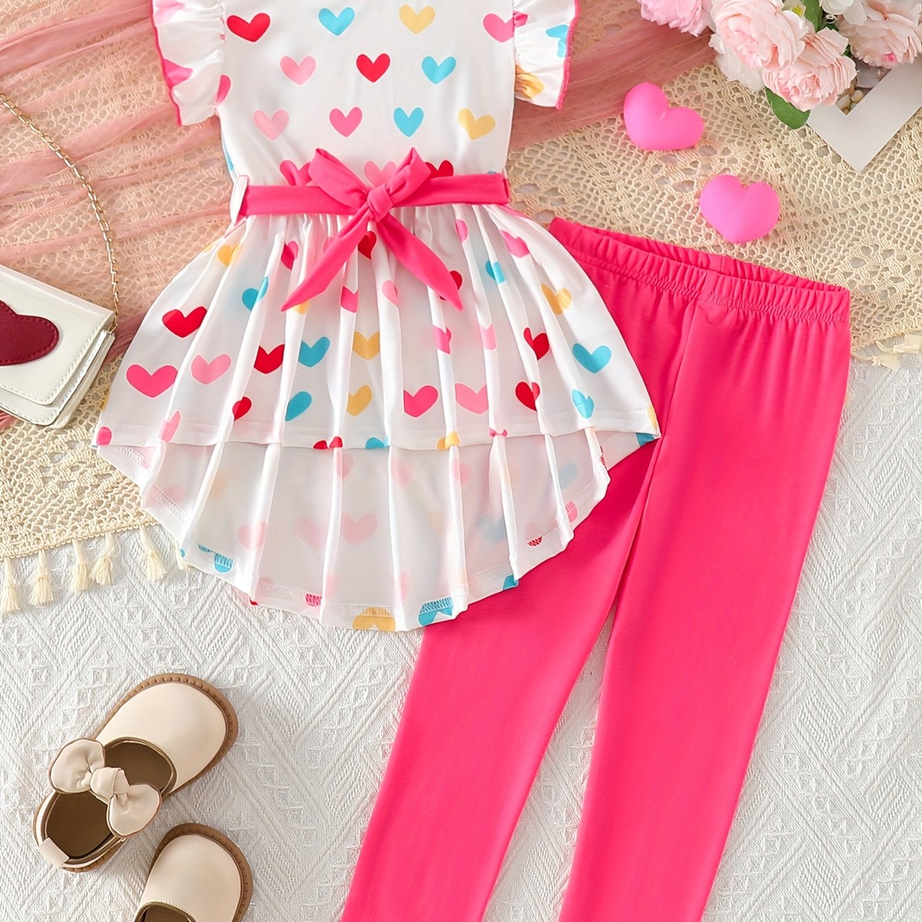 Image of Girls' Original Fashion Heart Print Flutter Sleeve Fish Tail Dress + Solid Color Pants Set, Perfect For Outdoor