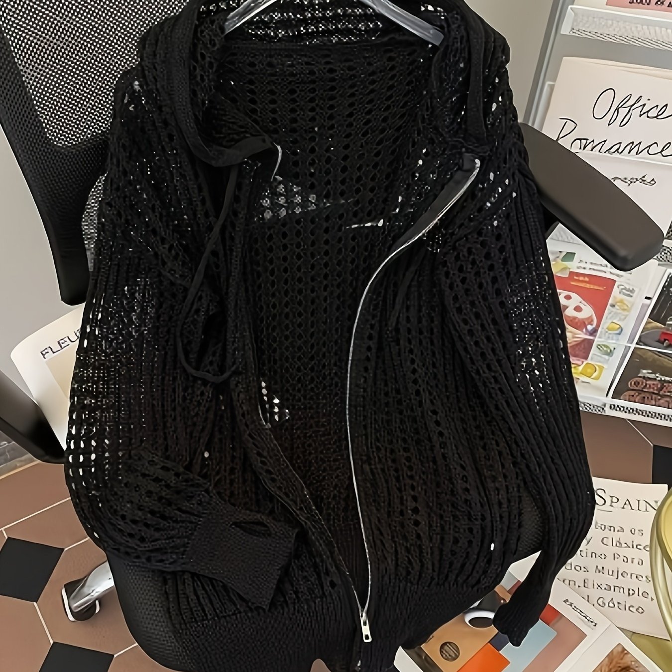 TEMU 【商品名】アイスファイバー生地 軽量 夏用 フード付きカーディガン - 通気性抜群の中空デザイン、ゆったりフィットなス カジュアル 無地トップス、通気性の良いアウトドアウェア、程よいストレッチのセーター、暖かい季節に最適