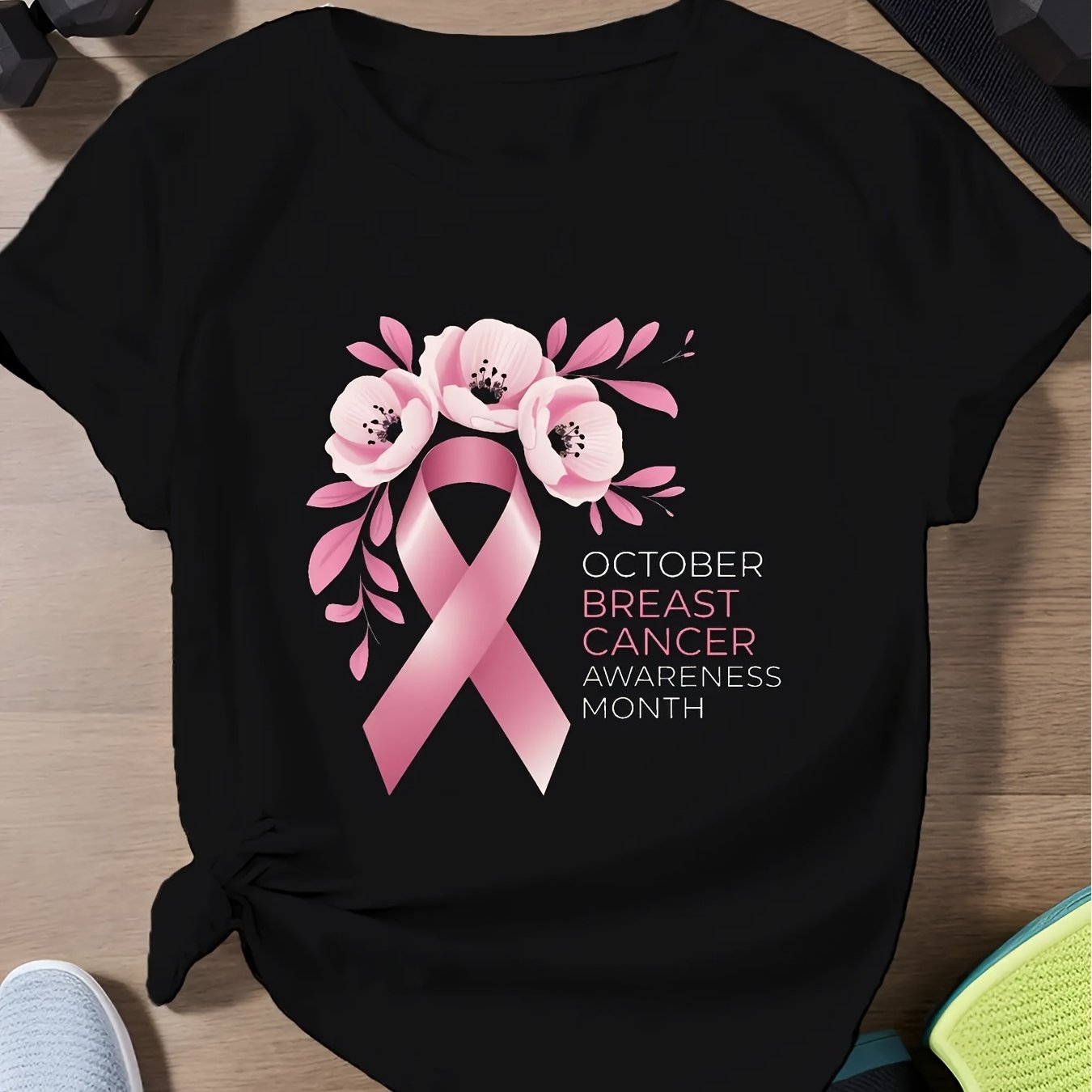 TEMU Women's Breast Awareness T-shirt - Pink Ribbon On Black October Support Month Top, Comfortable Round Neck Short Sleeve Casual For , Unisex