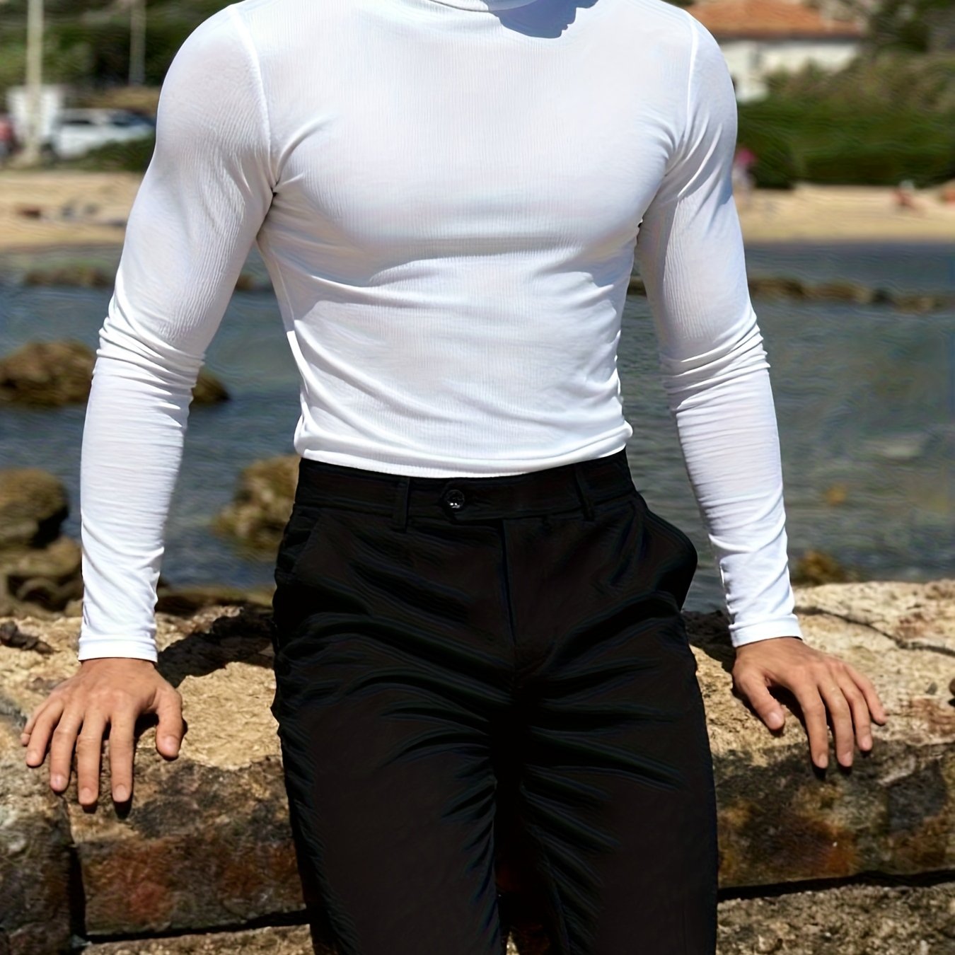 TEMU [dream Obm] Fall Men's Warm Comfortable Casual Base Layer American Ribbed Turtleneck Slim Fitness Long Sleeve T-shirt