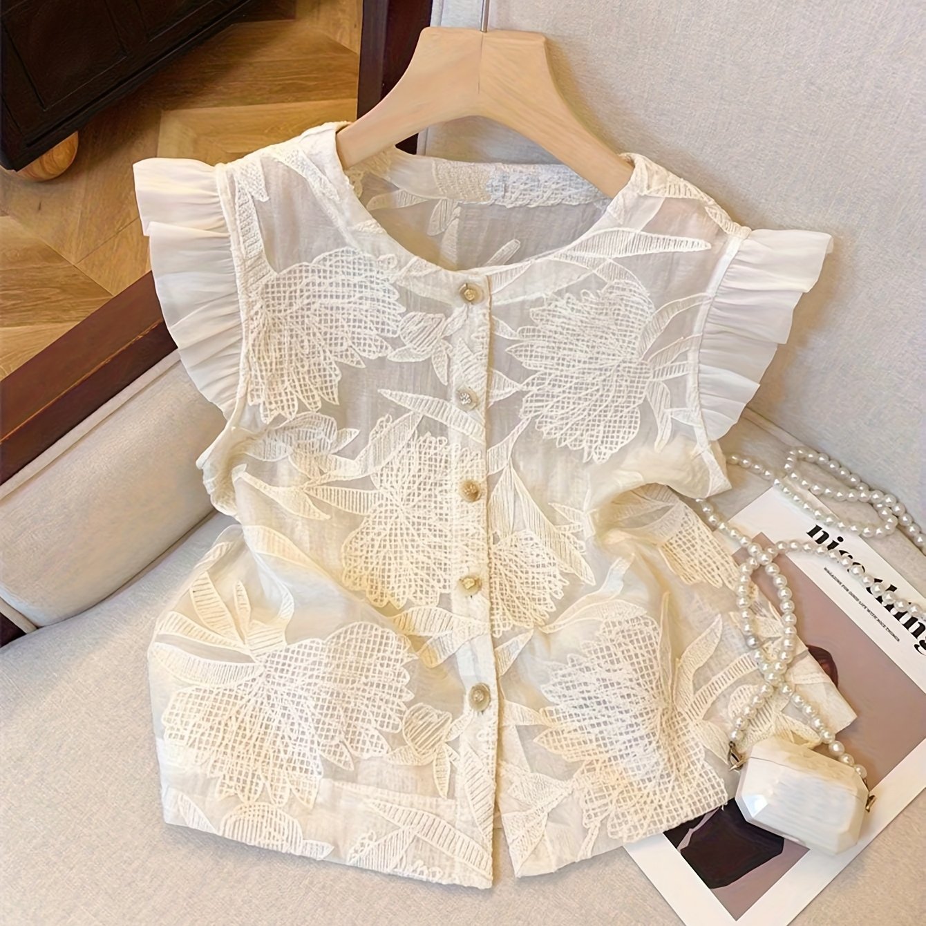TEMU Camisa de moda de estilo francés para mujer, de cuello , un botonadura, con cubiertas de jacquard, para /verano
