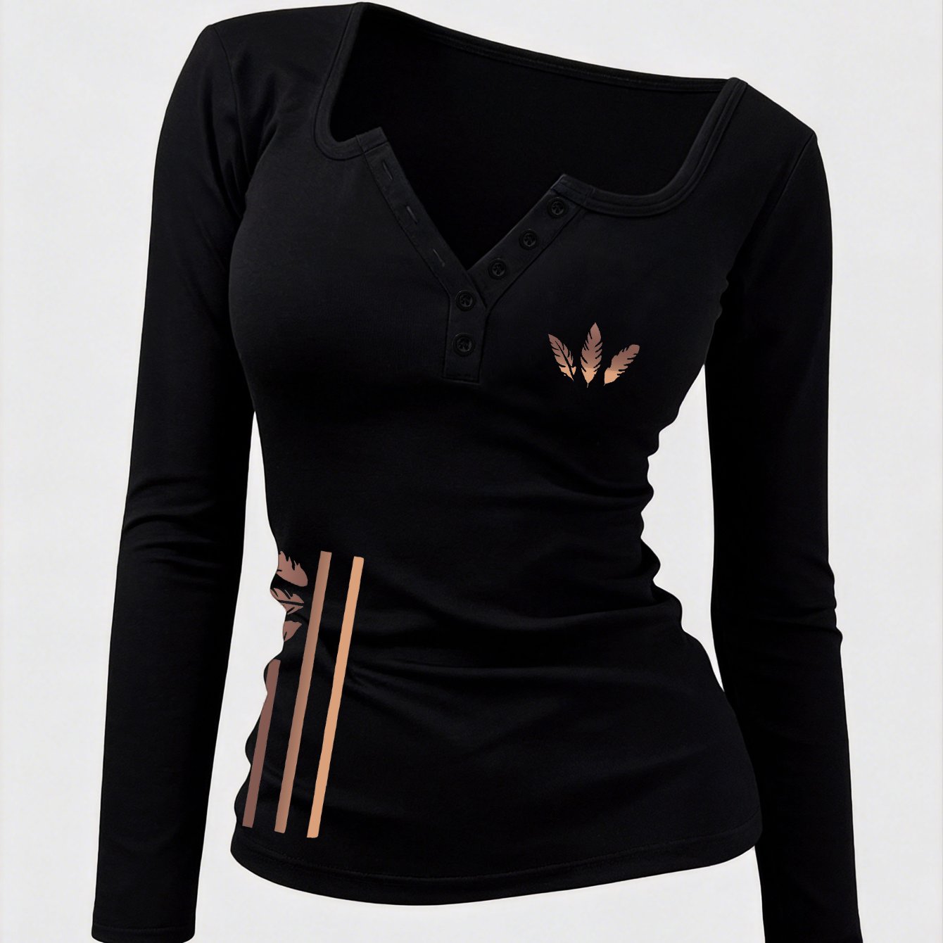 TEMU Pattern-printed Women's Hot-style Outfit, Button-up Sexy Design, Non-v-neck Long-sleeve T-shirt For Women. A Revealing Y2k Style Suitable For :