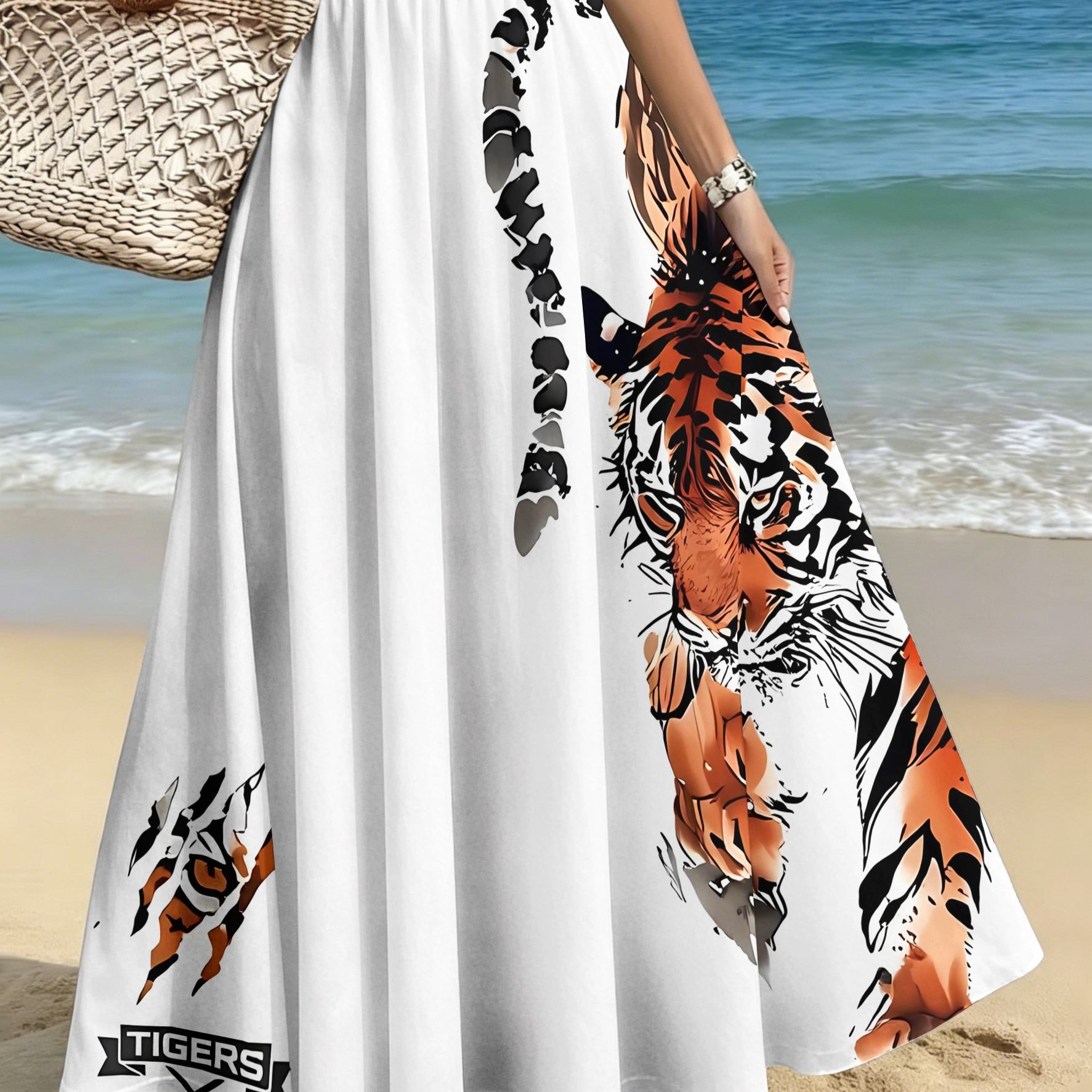TEMU Plus-size Women's Elegant And Stylish Midi Skirt, Casual Printed Midi Dress, Ink Wash Style Charging Print With Strong Powerful Vibe, Women's