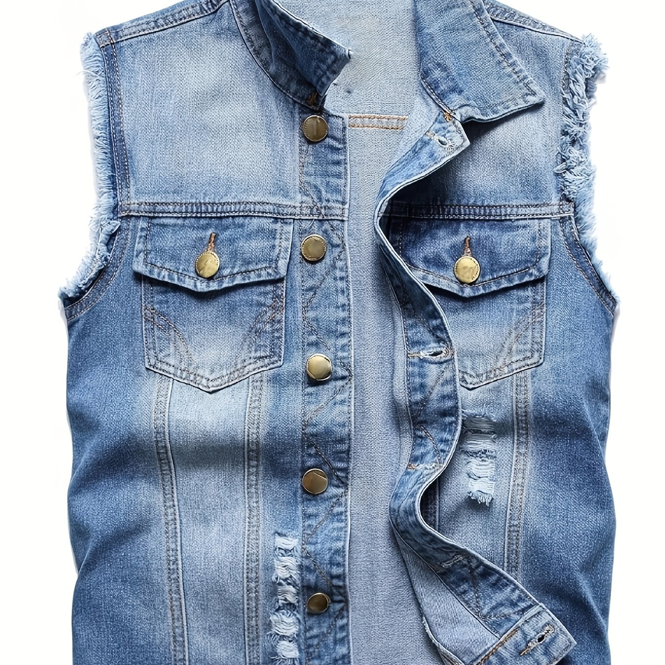 Image of [hme] Men's Sleeveless Denim Vest, Amis Retro Fashion, Washed , Aged And Ripped Style, Fringed Details, Outdoor Cycling Motorcycle Style, Fashion Men's Denim Vest