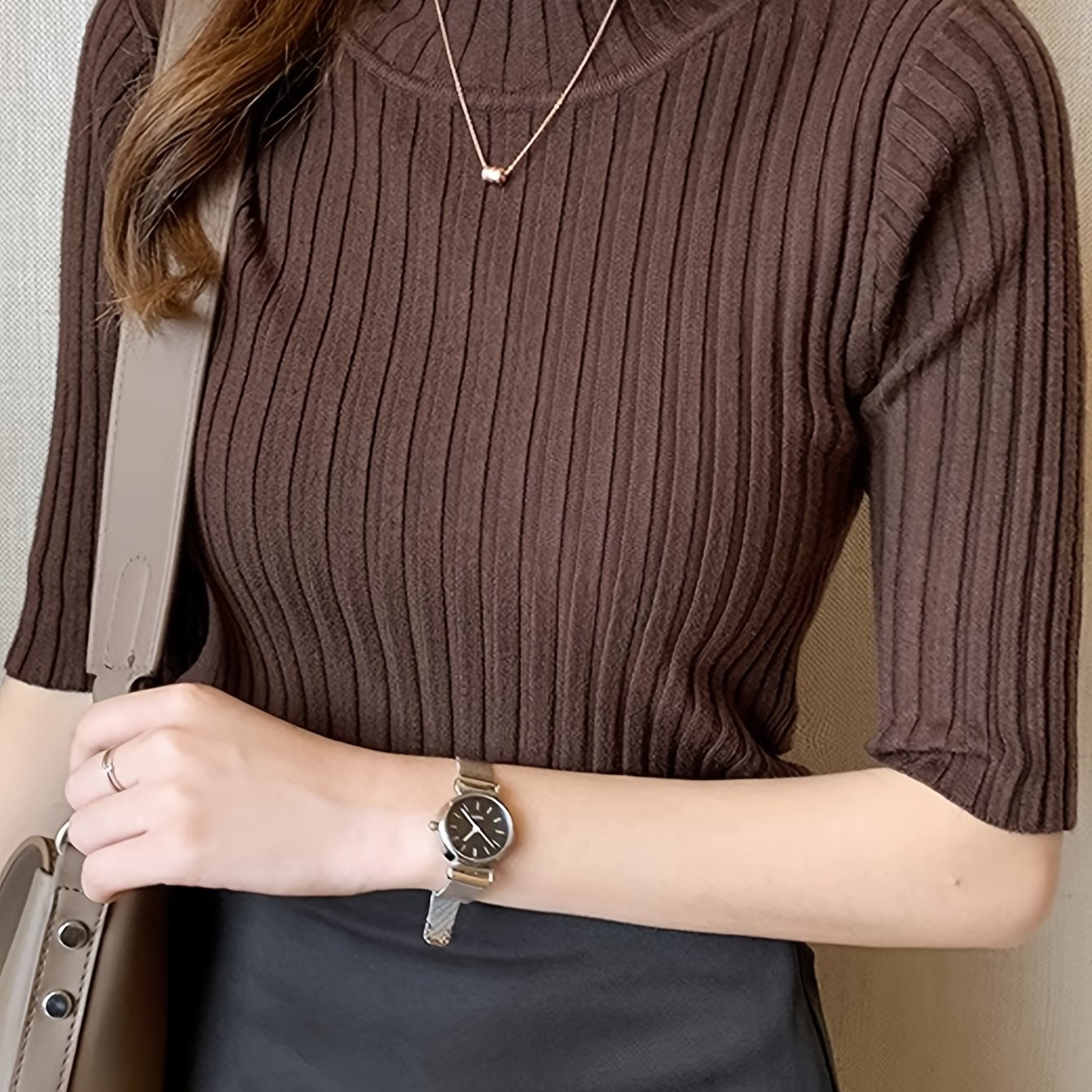 TEMU T-shirt à manches mi-longues et col montant, coupe slim, pull de base pour femme, style décontracté, haut côtelé printemps et automne