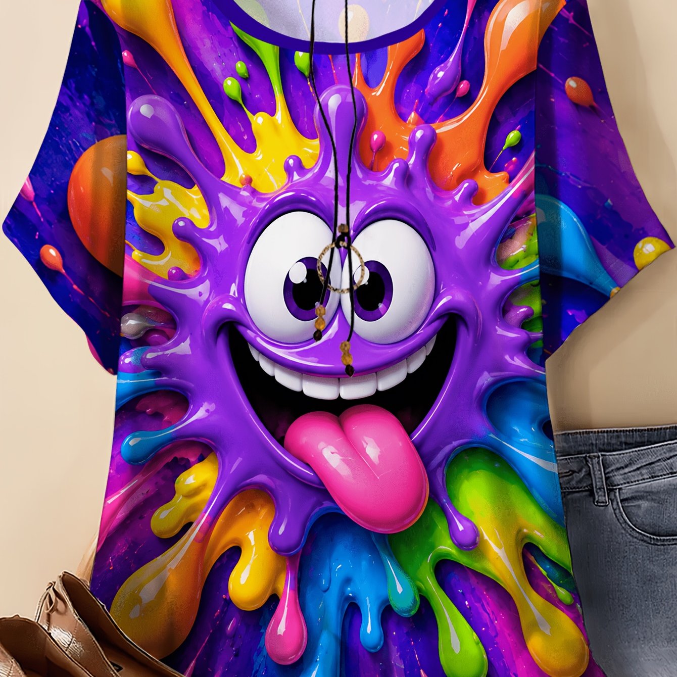 TEMU Plus Size Women's Round Neck Short Sleeve T-shirt, Multicolor Splatter Purple Smiling Pattern Print, Graffiti Style, Bright Contrast Statement