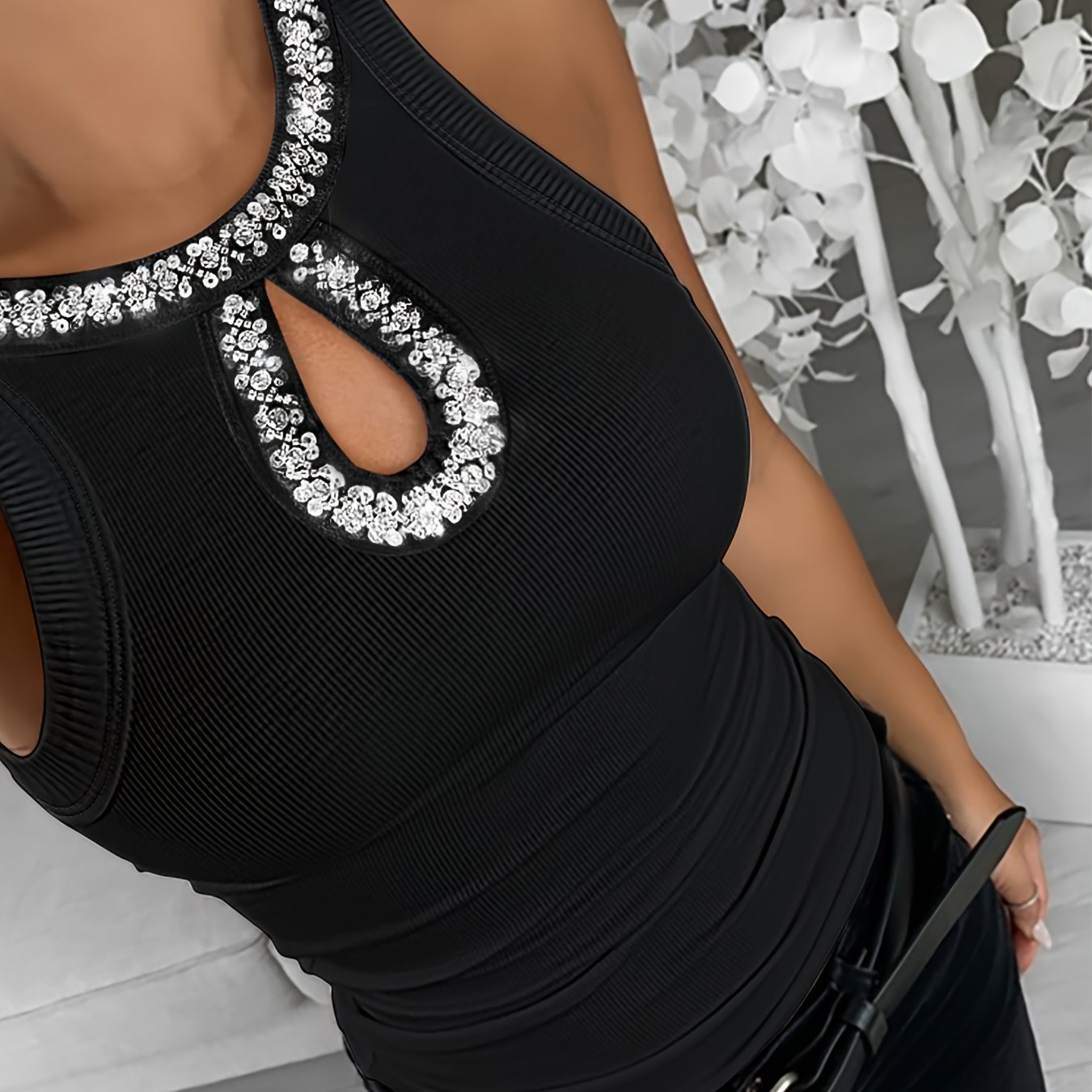 E-shop CHICME 'Hoch-elastisches ärmelloses Strass-Rundhals-Bluse - Perle, Casual Elegant - Top, Einfarbiges dehnbares Shirt, Maschinenwaschbar