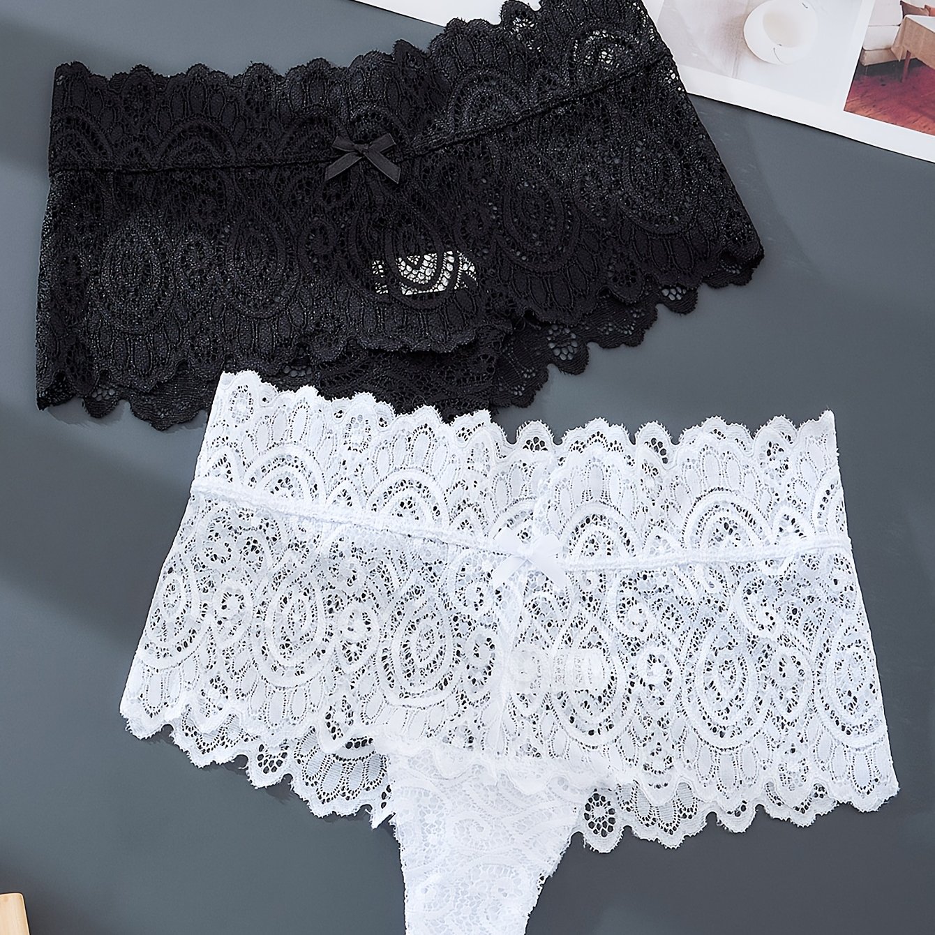 Image of 2pcs Bow Lace Women's Panties Translucent Sexy Breathable Lingerie Comfortable High Stretch Black & White Lingerie Elegant Fashion Slim Underwear