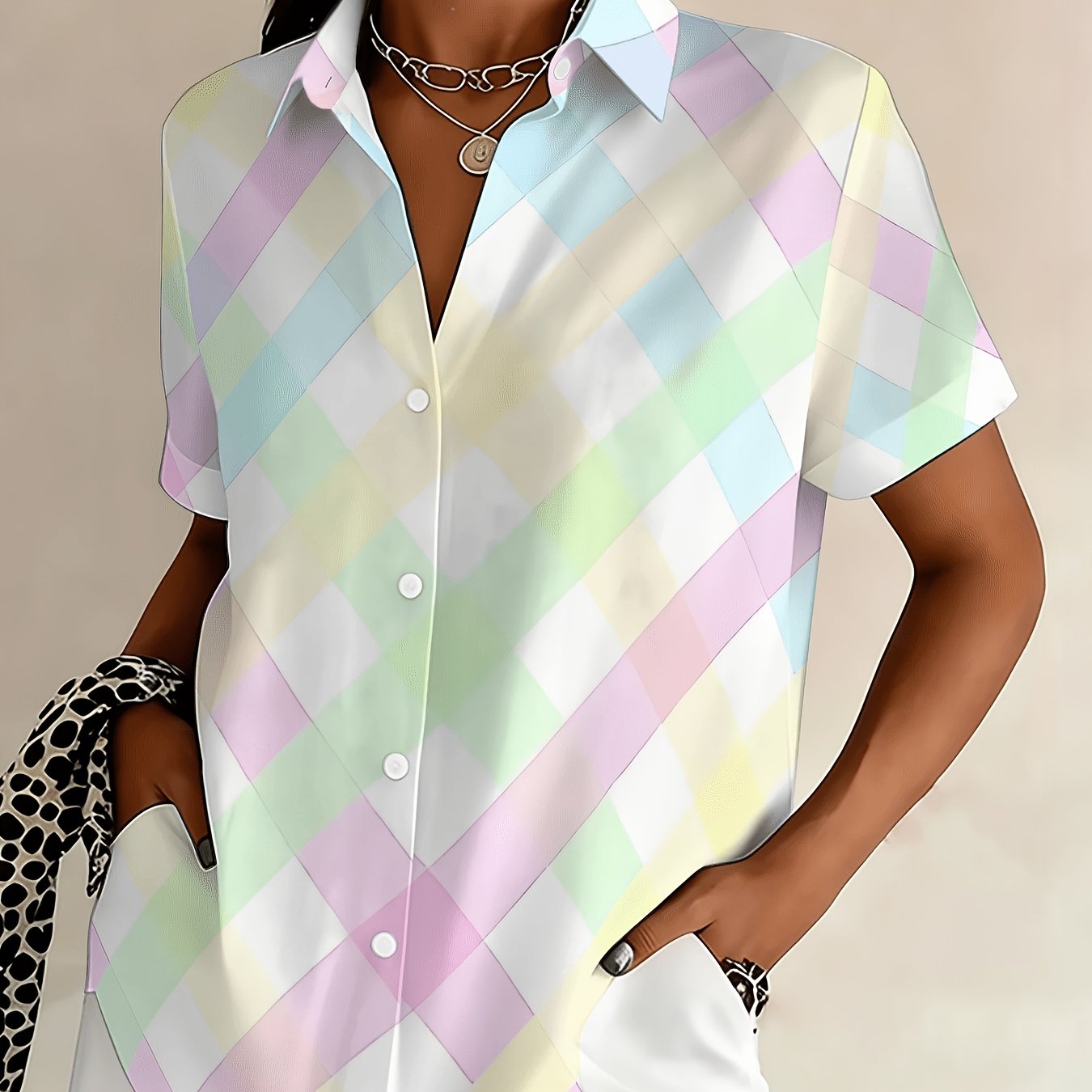 TEMU Plus Size, European And Summer Plus-size Women's Short-sleeve Lapel Shirt, Button-up Cardigan, Soft Plaid Pattern Print, , Suitable For Daily