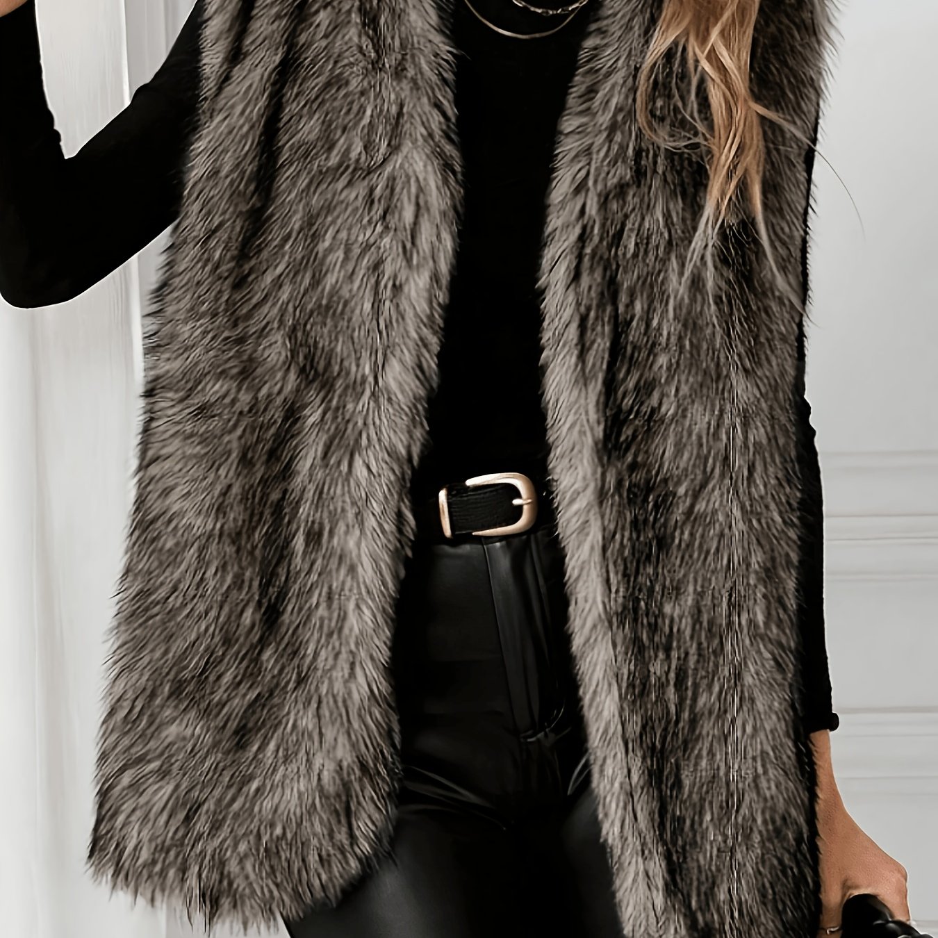 TEMU Leichte Luxus Mischfarbe Langes Haar Weste Damen Mittellange V-Ausschnitt Ärmellose Strickjacke Weste Herbst Winter Atmosphärisches Warmes Cape