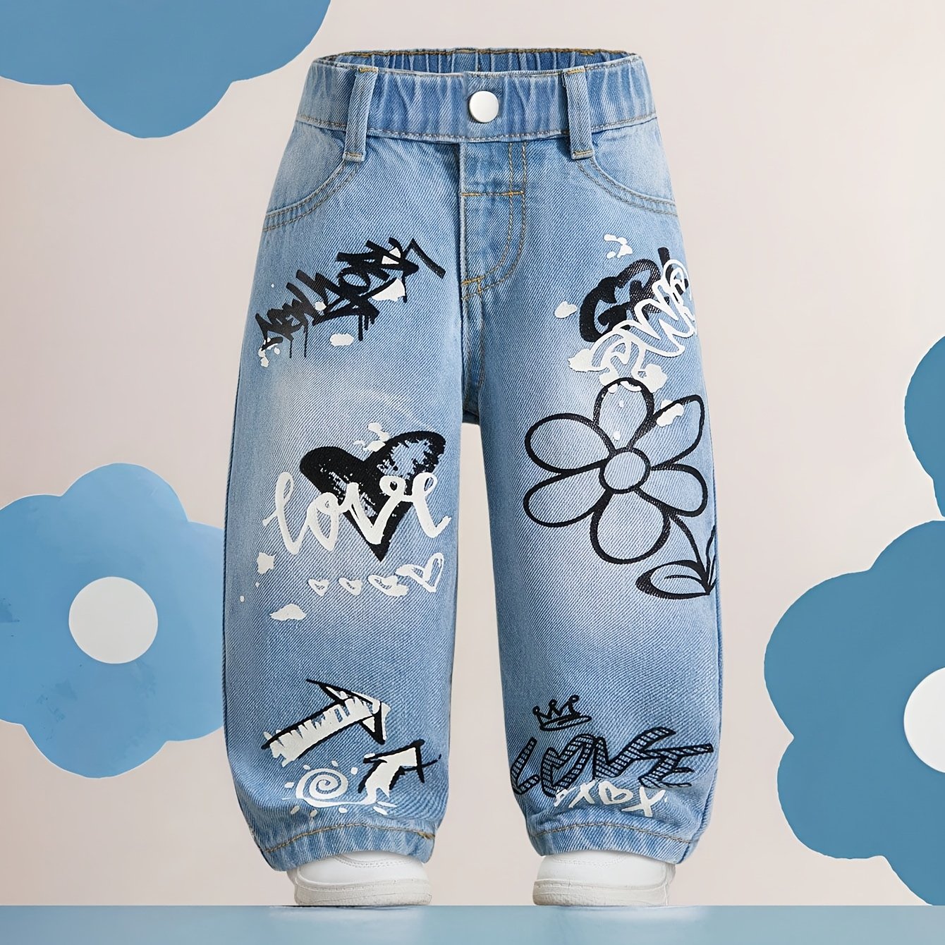 Image of Girls' Printed Textured Straight Leg Pants | Waist Casual Everyday Trousers | Spring Summer Lightweight Outfit