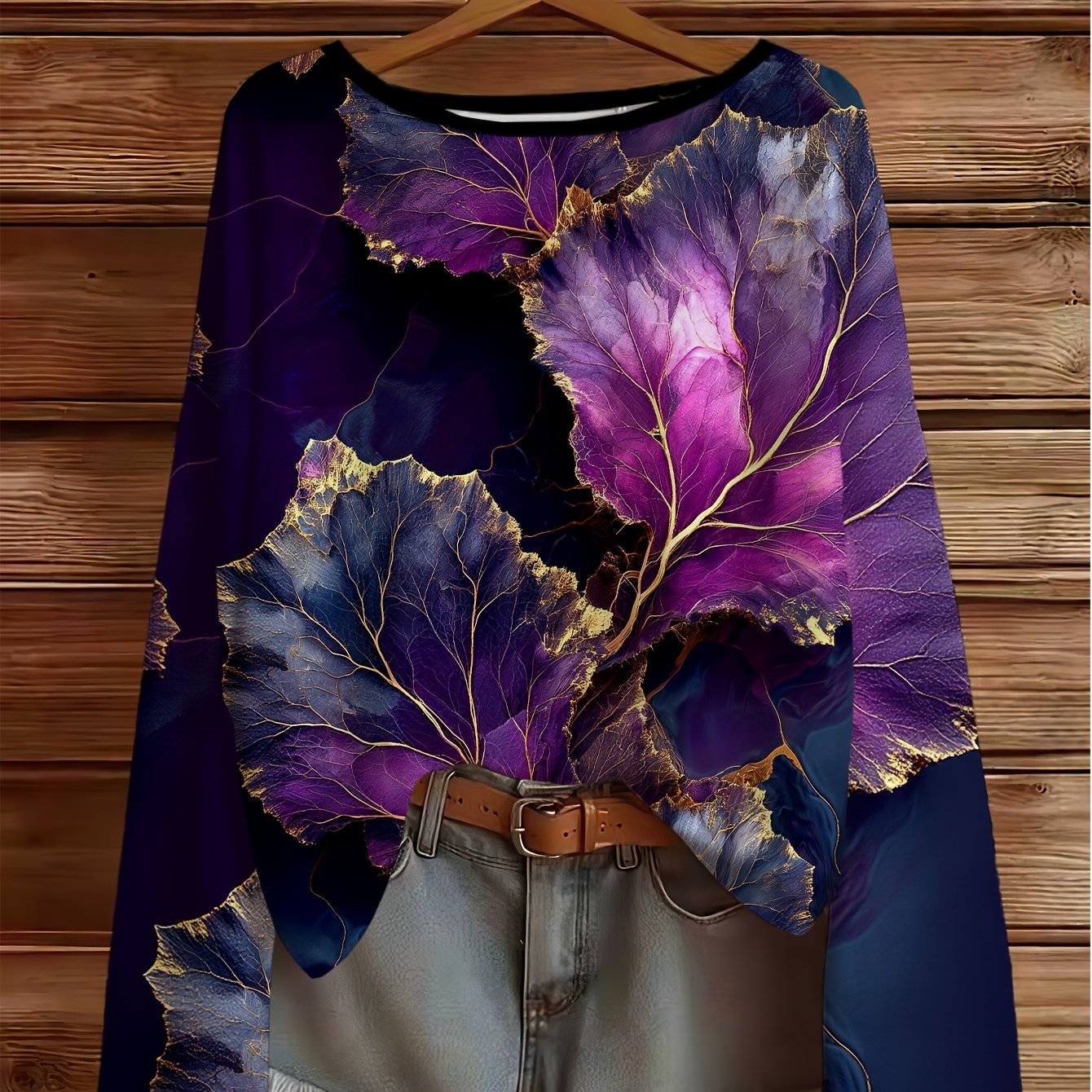 TEMU Plus Size, Plus-size Women's Long-sleeve Patterned Print Top, Round Neck Long Sleeves For , Purple Floral Print For Casual Outdoor Wear, Stretch