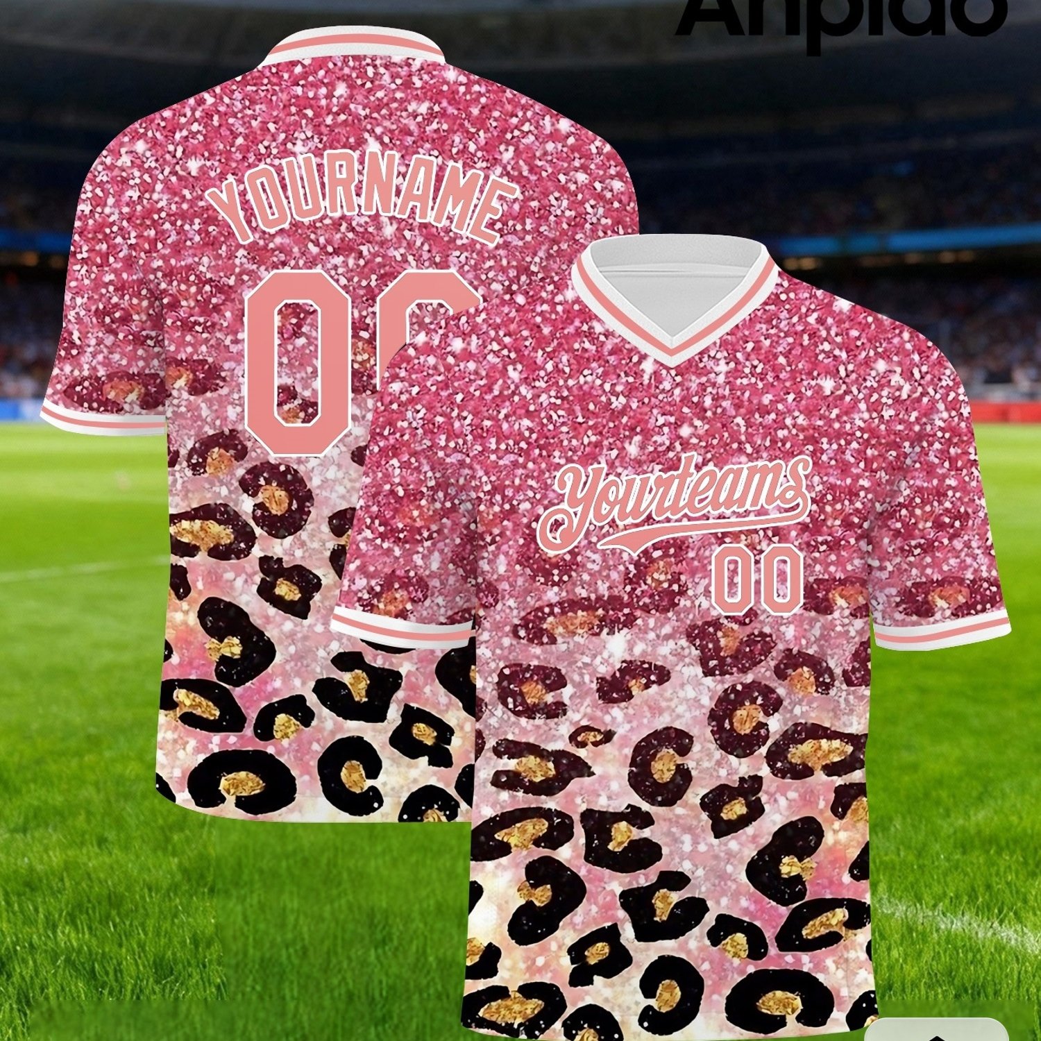 TEMU [printed Design - Not Textured] Men's Custom Short-sleeve V-neck T-shirt With Pink Leopard Print, Durable, Casual And Stylish Custom Name,