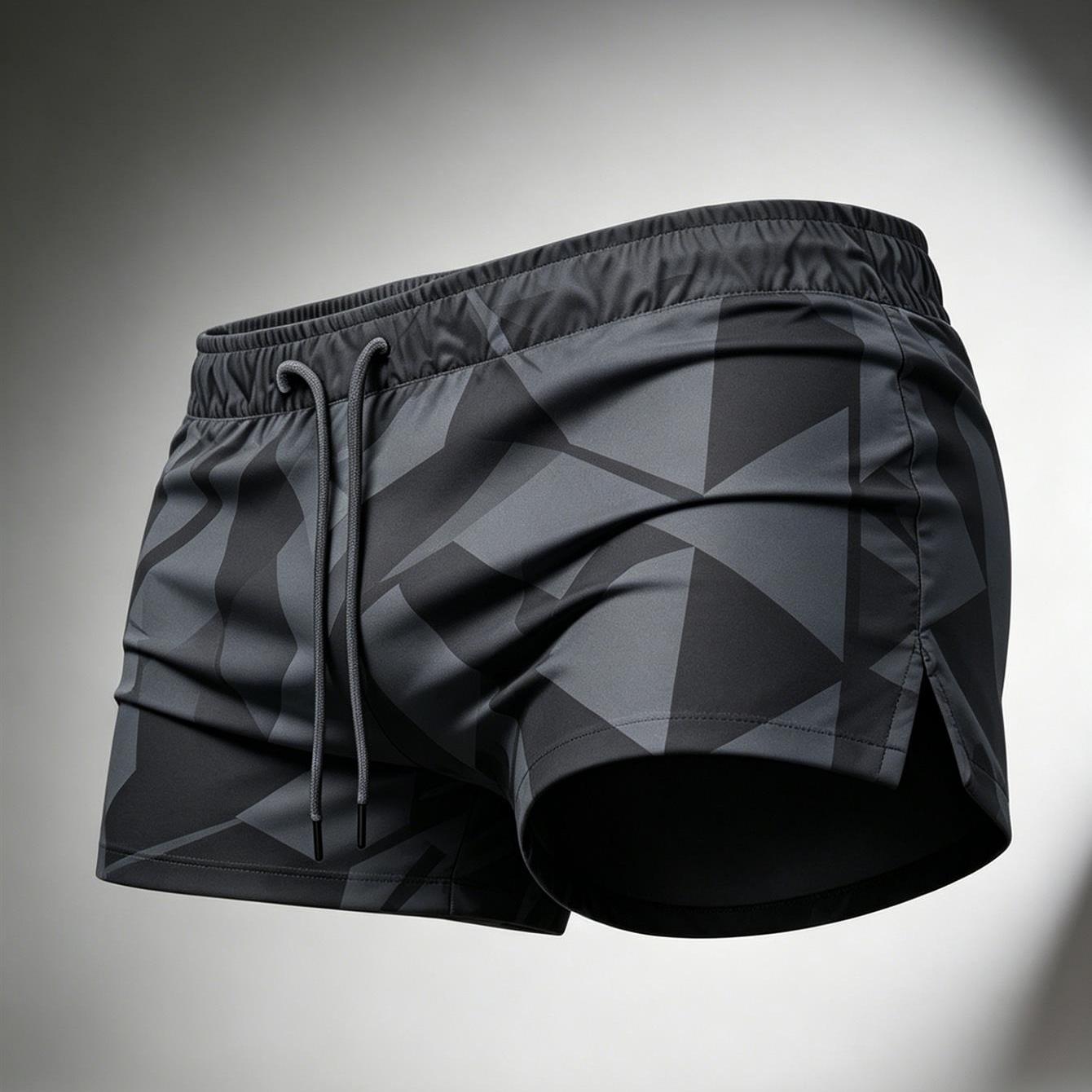 TEMU Men's Summer Beach Shorts With 3d Dark-light Grey Geometric Triangle Camo Spliced Print Trendy Surfing Swim Trunks With Adjustable Drawstring,