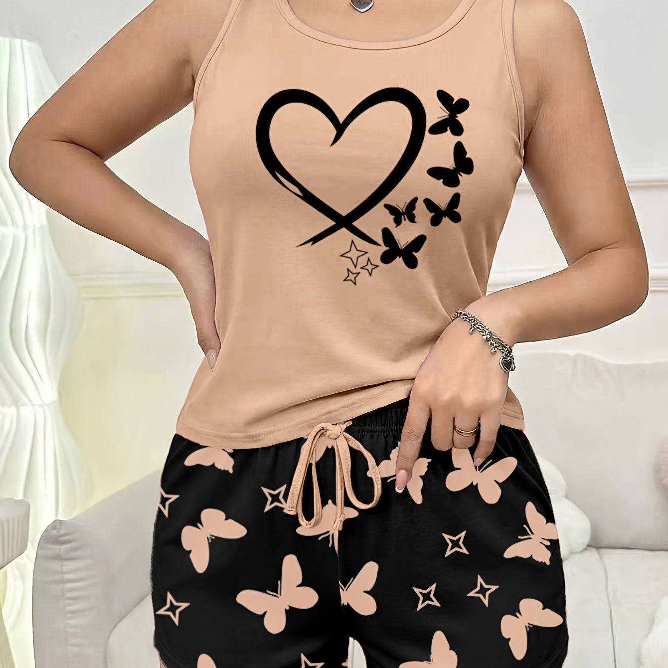 TEMU Women's Pajama Tank Top And Shorts With And Heart Pattern