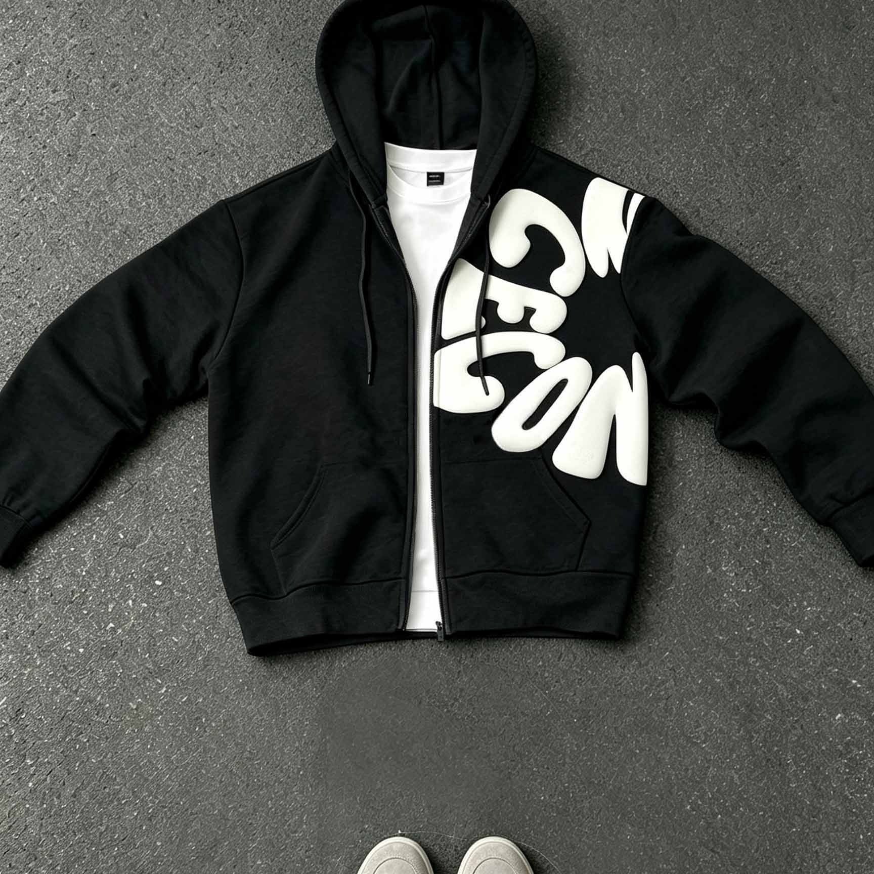 TEMU Men's Oversized Full Zip Hoodie, 3d Bubble Letter Graphic Hooded Sweatshirt With Drawstring And Front Pockets, Soft Fleece Loose Streetwear Zip