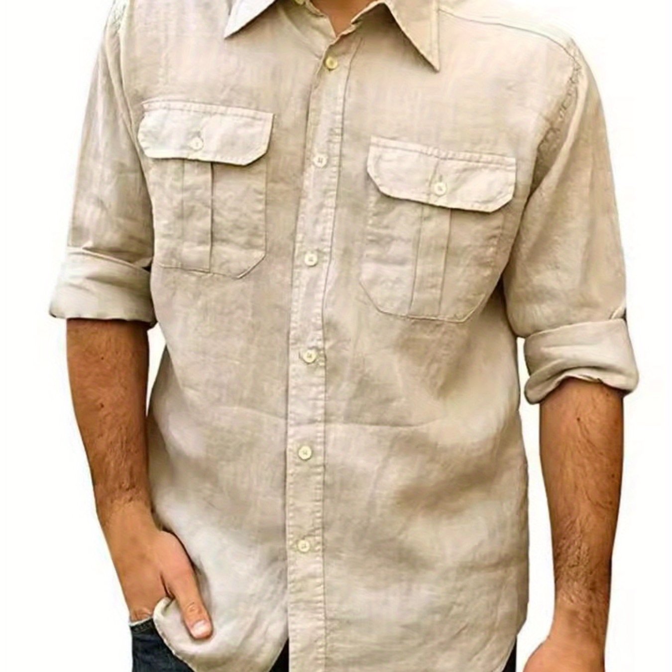 's Shirt With Dual Pockets, Casual Breathable Long Sleeve Turn- Collar Solid Color Top