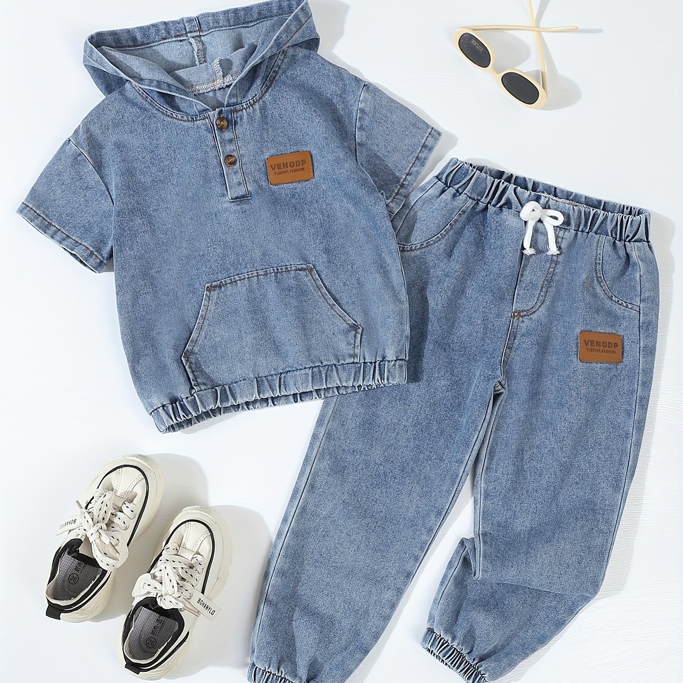 Autumn Washed Denim Suit Casual Hooded Short-sleeved Top + Denim Overalls Long Pants 2pcs Set, For Outdoor, And Clothes