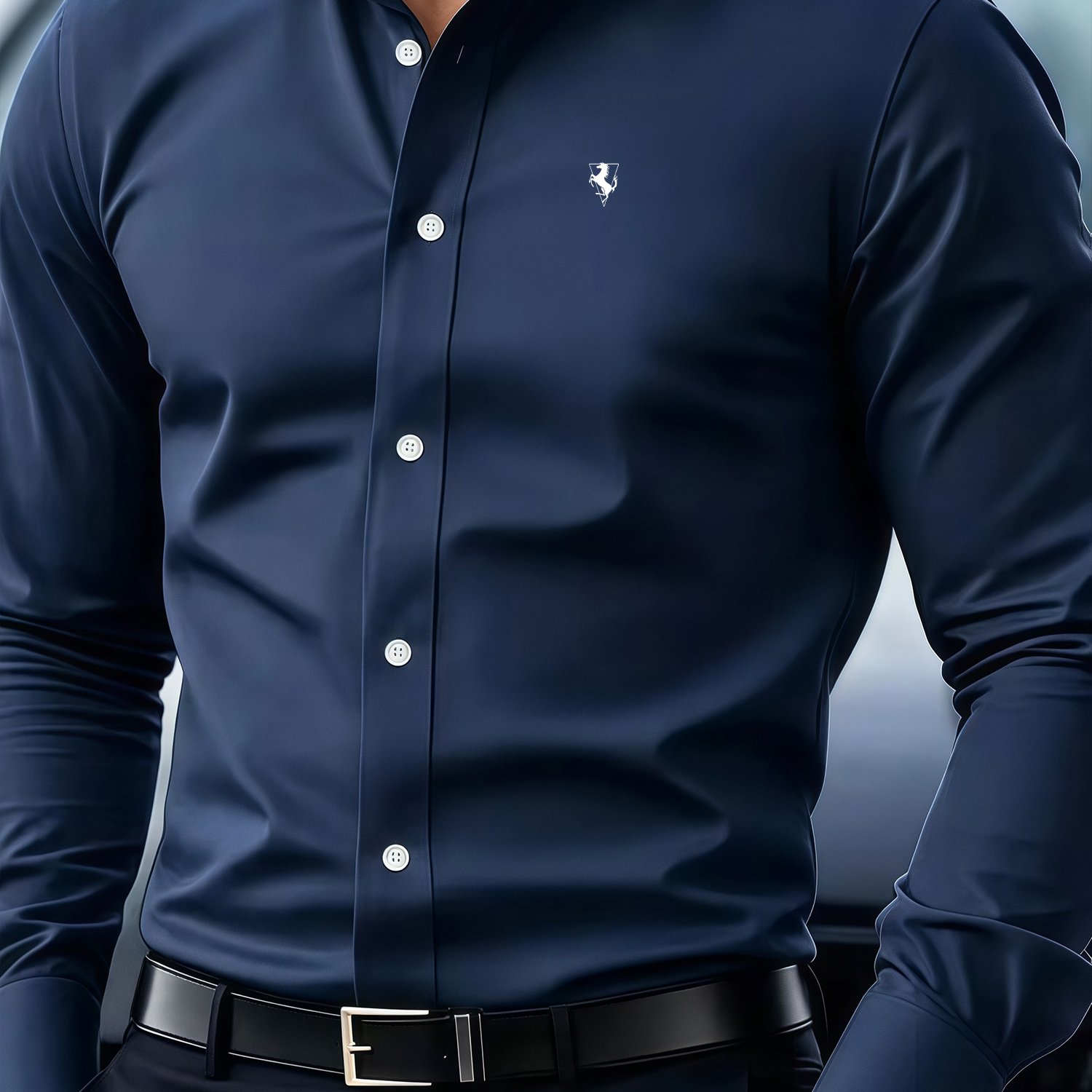 TEMU Light Business Men' Color Lapel Shirt With Chest Shield And Logo, Body-shaping Design For A And Men's Long-sleeve Top