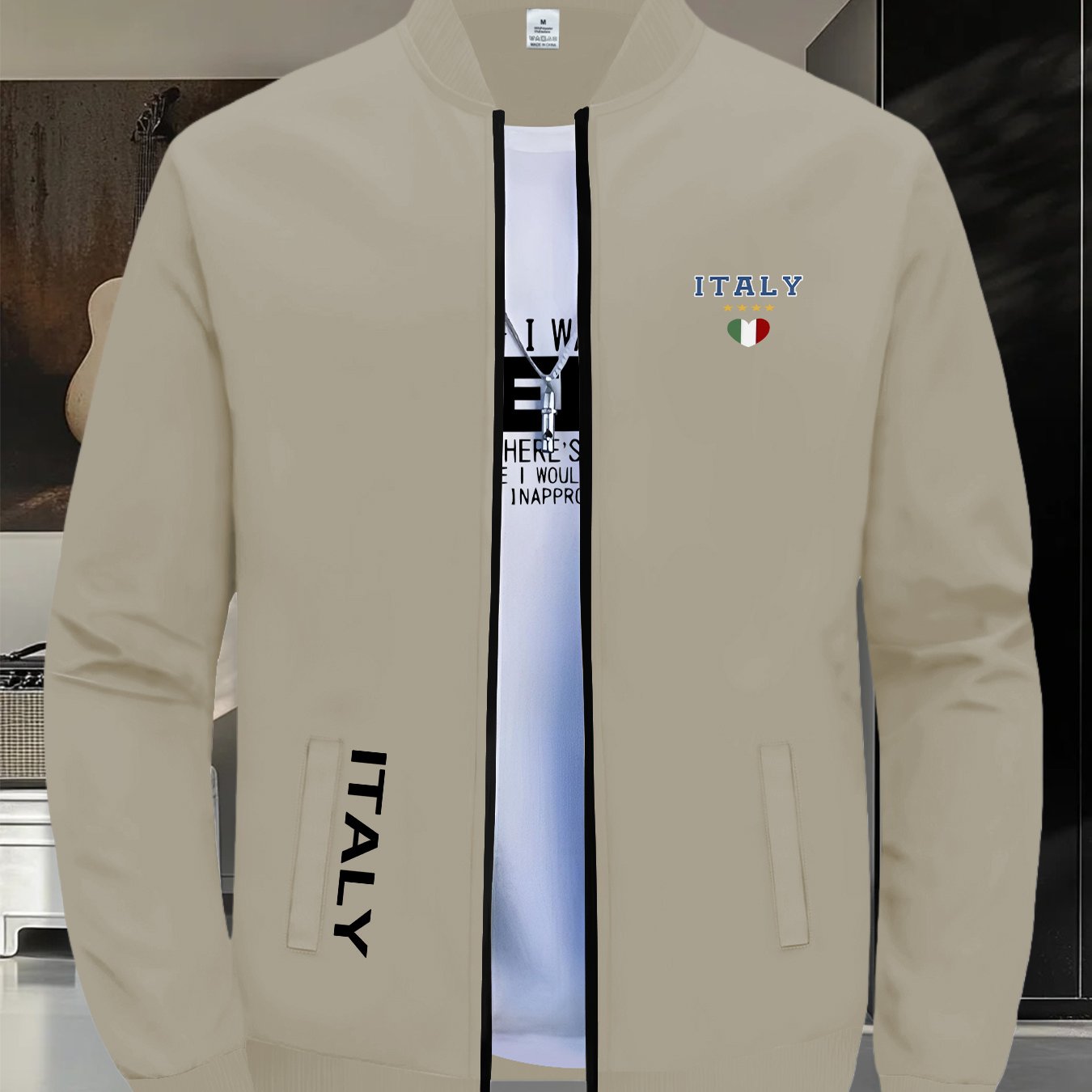 TEMU Men's Jacket, Polyester Fiber, Italian Flag Print, Lightweight Summer Baseball Jacket, Full-zip Stand Collar, Casual Windproof Outerwear.