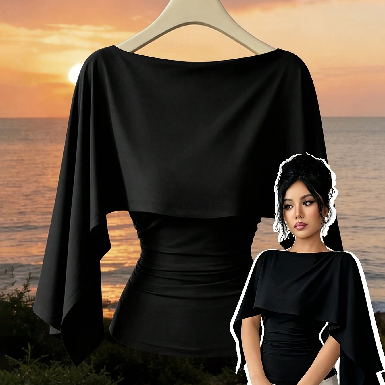 TEMU Women' Color Elegant Batwing Sleeve Top, Fashionable Shawl Collar Casual Top
