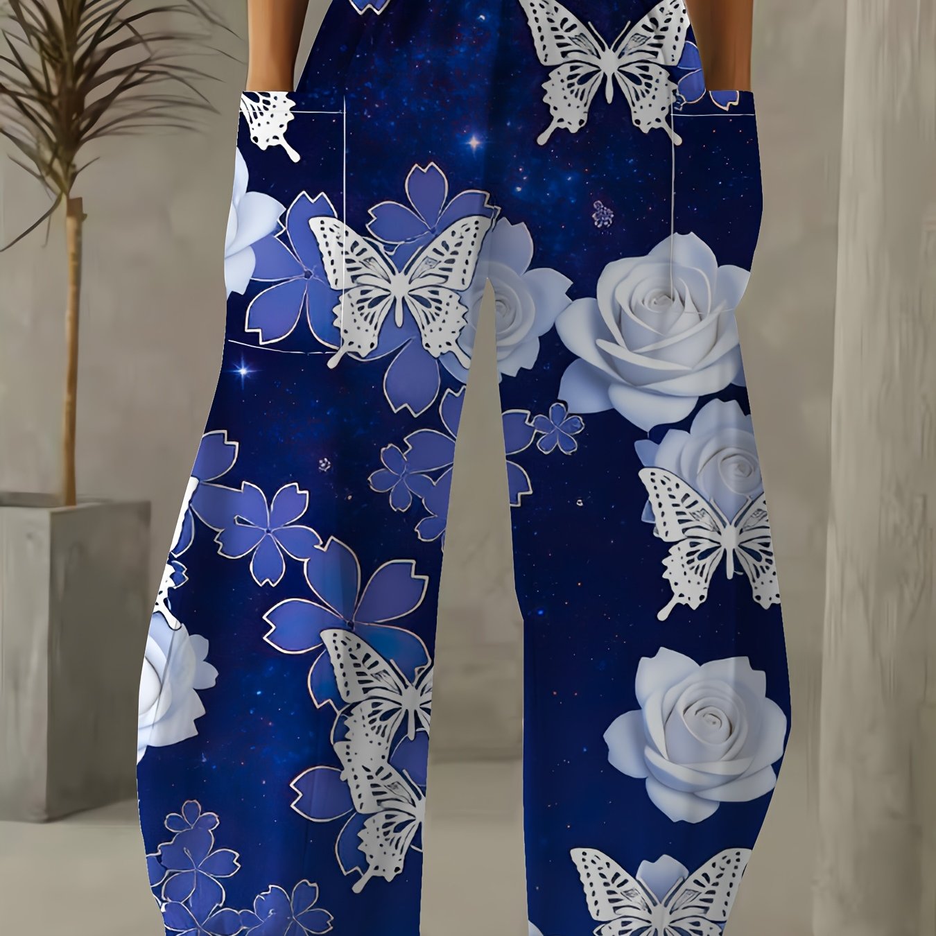 TEMU Plus Size - Plus Size - Plus Size Women's Blue Floral Patterned Wide-leg Pants - Casual, Elegant, And Loose-fitting For Comfort And Coolness,