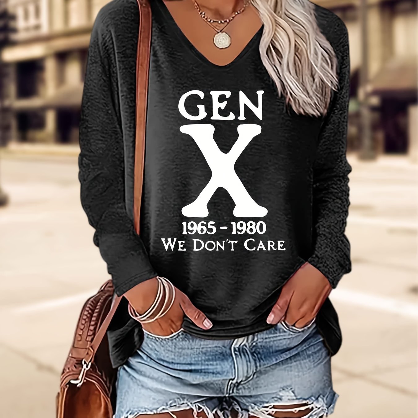 TEMU 1965-1980 We Don't Care Letter Print Fall Winter Women's Trendy Fashion V-neck Ribbed Long Sleeve T-shirt, Single Piece Elegant Party V-neck