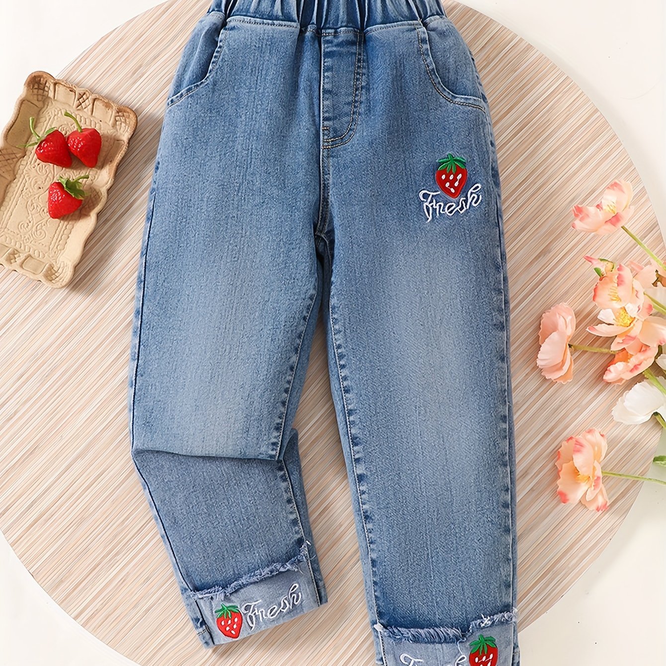 Image of Girls' Strawberry Embroidered Jeans - Cute Strawberry Patch Pants With Capri Length (suitable For, & Casual Attire) | Machine Washable Spring/fall Outfits For &