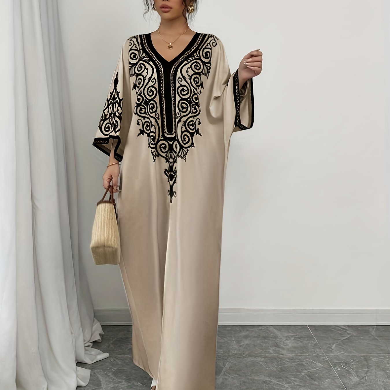 TEMU Dj0416020 Middle East Special V-neck Positioning Print Elegant Long Dress Abaya