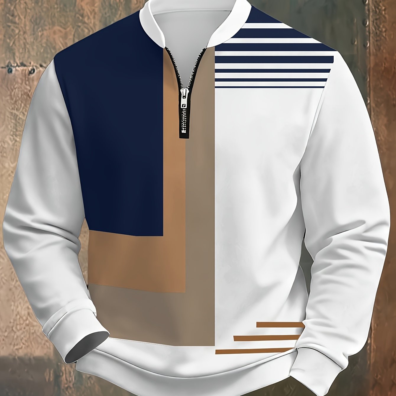 E-shop Herrenmode Langarmshirt, Blau, Braun und andere Farbblock- und Linien- Design, Fashion Casual, Geeignet für täglichen Freizeit, Party, Outdoor,