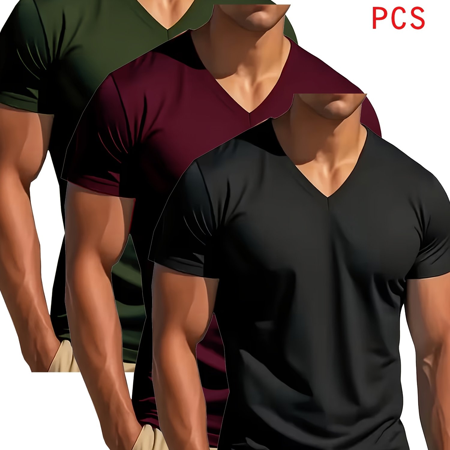 TEMU Camiseta de cuello en V 3pcs Mixed Pc, más cómoda de lo que imaginas, Ligeramente elástica, Corte ajustado, Diseño versátil, Camiseta de manga