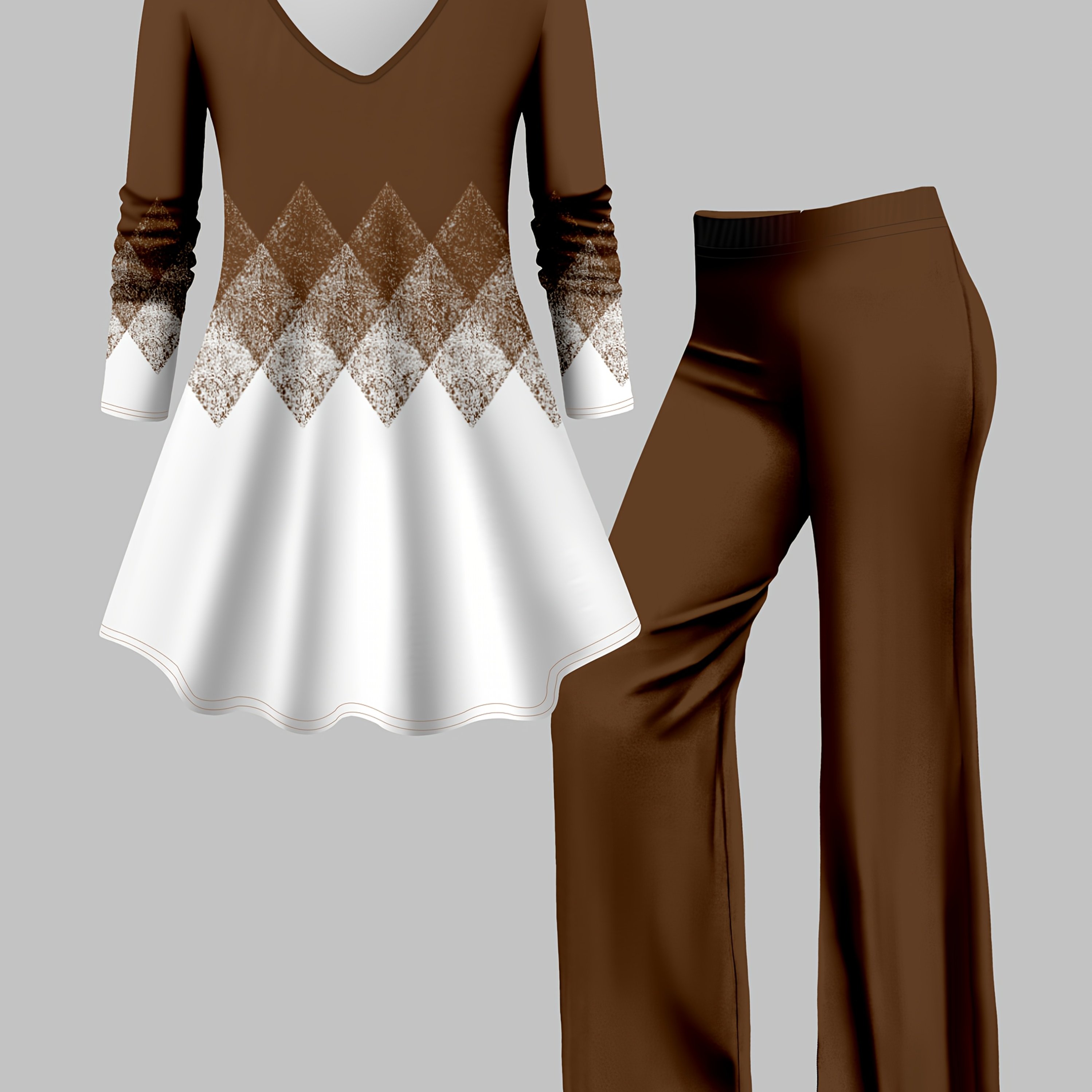 1 Set Elegant Women&#39;s V-Neck Long Sleeve Geometric Print Top and Solid Color Pants, Polyester Knit Fabric, * Casual Suit