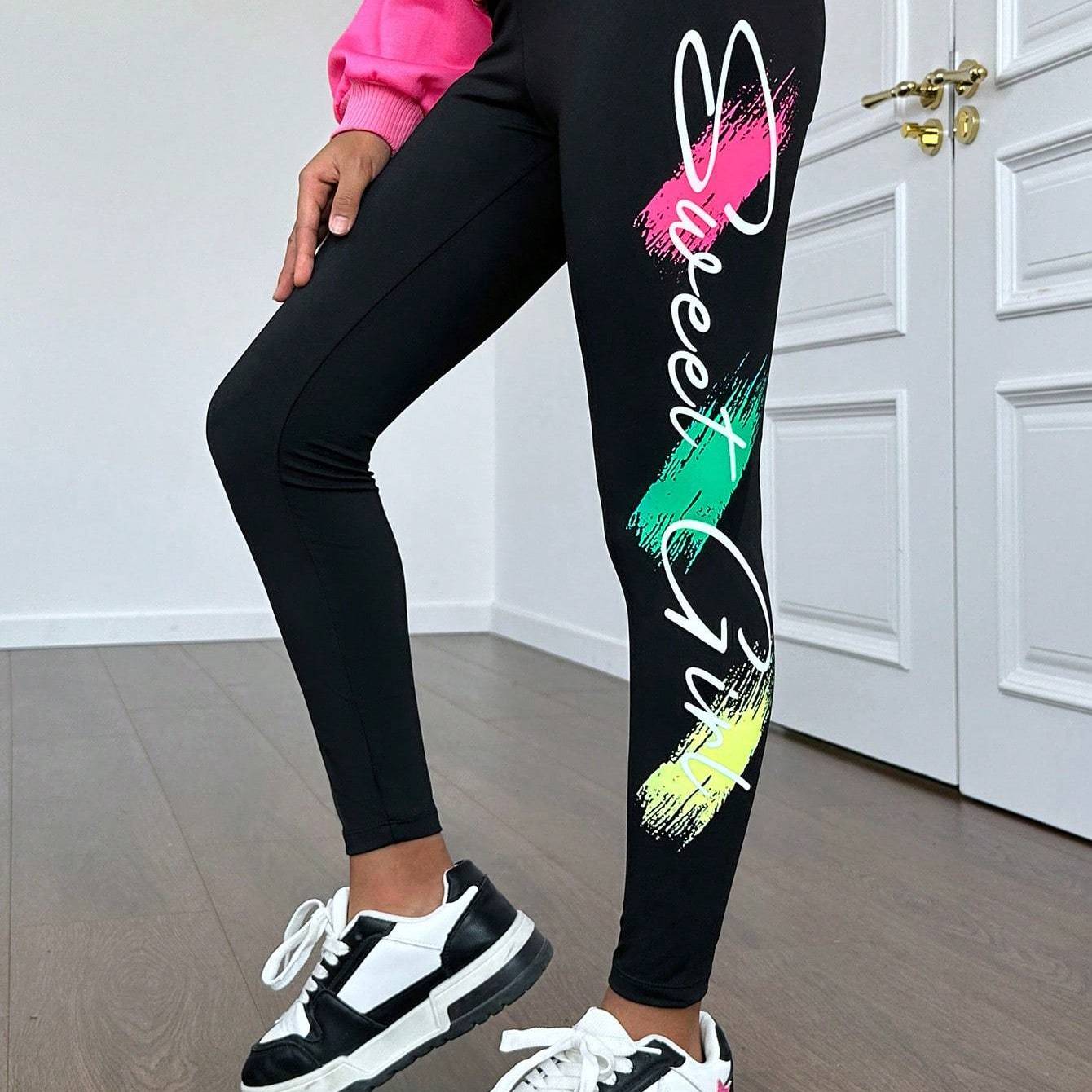 Image of Girls' Leggings Autumn And Spring New Style Middle And Big Kids Fashion Outdoor High Waist Elastic Letter Print Pants Girls' Tights Casual