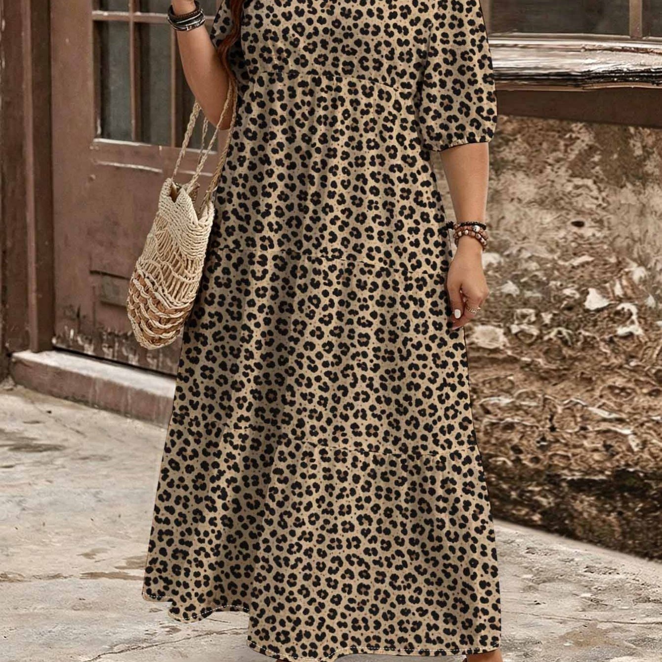 Plus Size - Summer Plus Size Leopard Print V-neck Bubble Sleeve Maxi Dress For Women, Layered Cake , Sexy Elegant Boho Chic Loose Fit Resort Vacation Dress