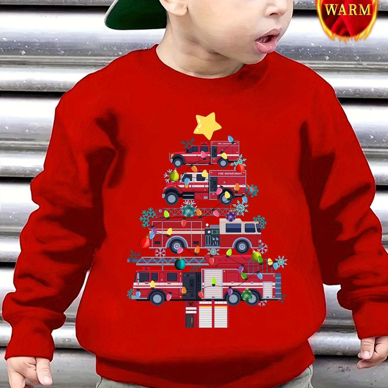 TEMU Christmas Wy0120 Boys Christmas Fire Truck Print Cartoon Creative Trendy -lined Thick Sweatshirt For Autumn/winter