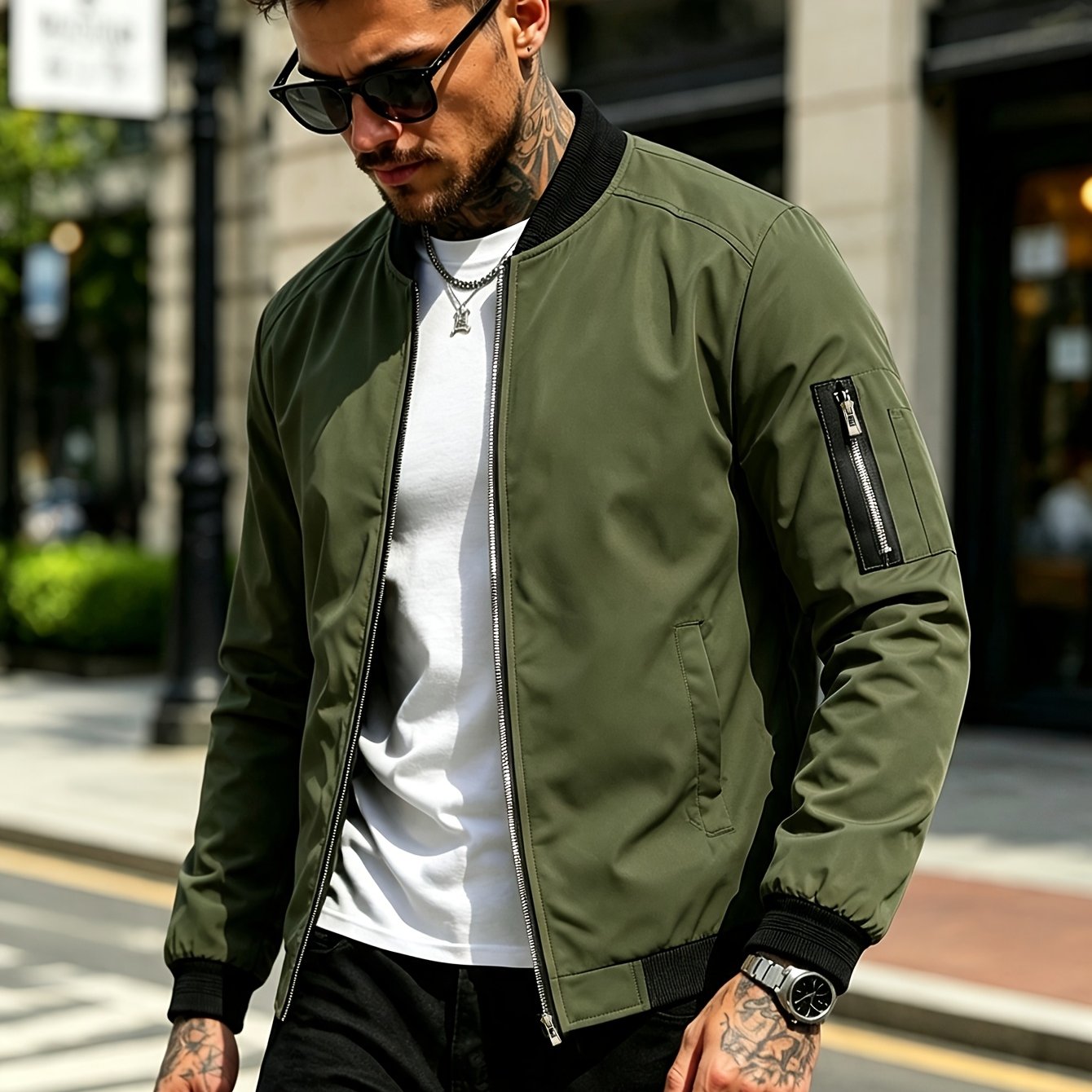 TEMU Men's Baseball Collar Jacket, Solid -zip Sweatshirt Coat, Special Sleeve With Zippered Pockets, Slanted Side Pockets, Ribbed Collar Cuffs And