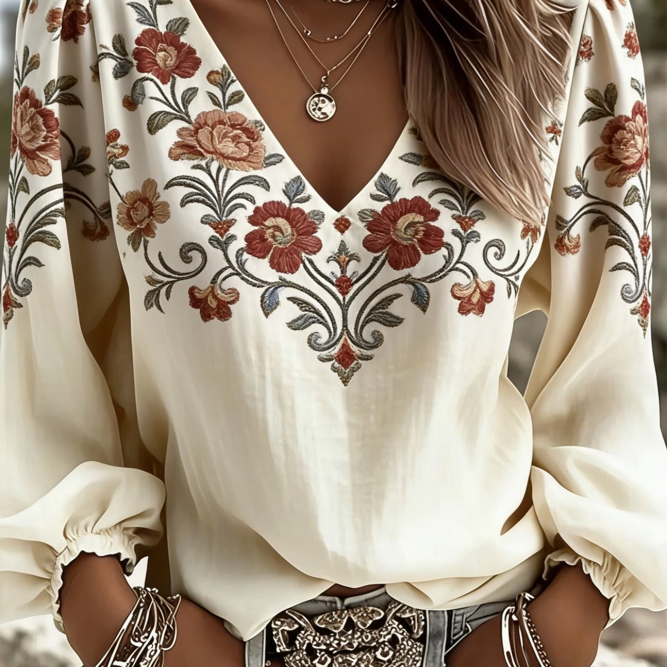 Plus Size - Plus Size - Plus-size Women's Spring/summer Top Featuring A 2d Flat Print In A Retro Western Style. This V-neck Long-sleeved Shirt Showcases A And Bohemian Lantern Sleeves