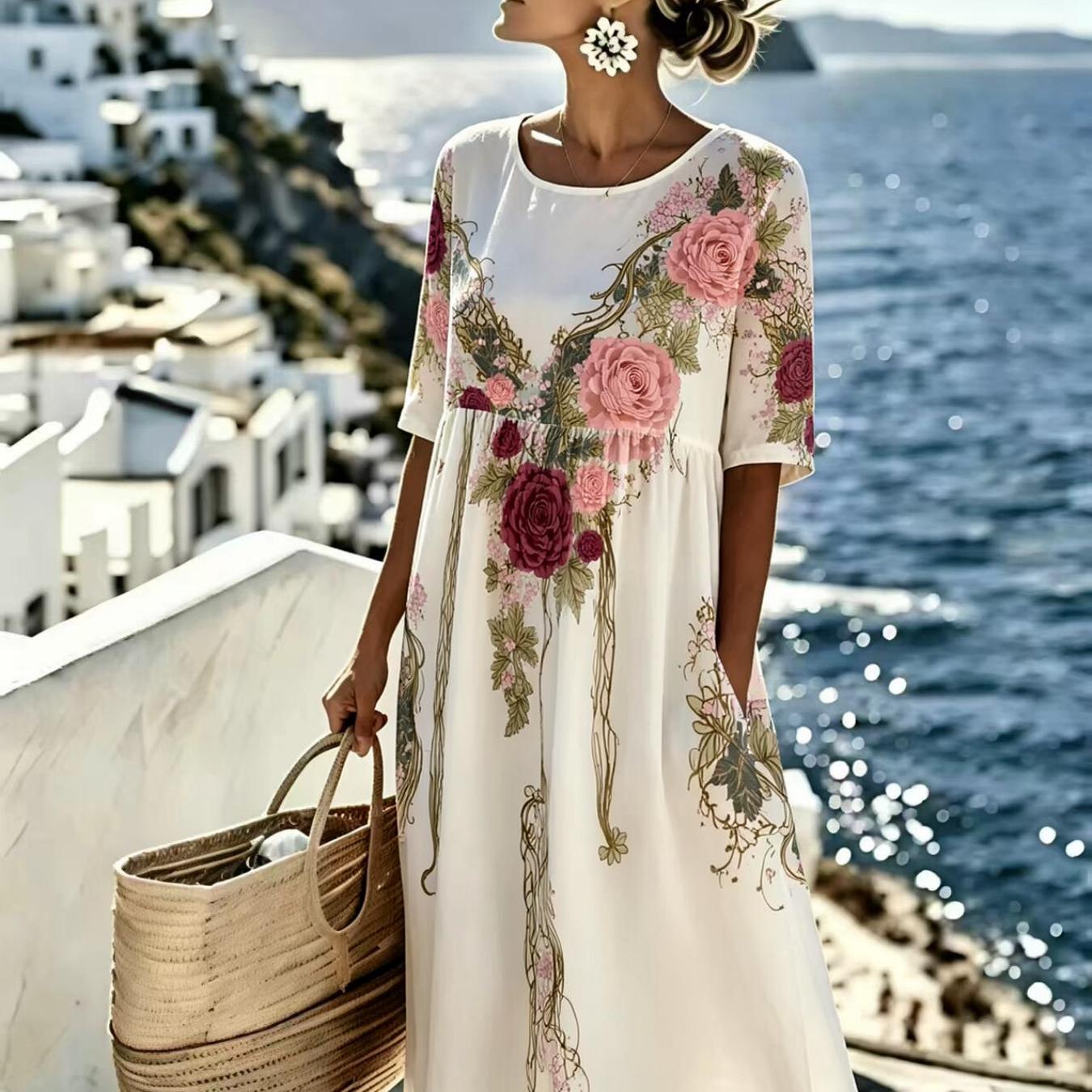 Image of Women's Summer Dress Floral Print Bohemian Style Casual Resort Style Fashionable And Elegant Machine Washable Suitable For Daily And Commuting The For Gifts
