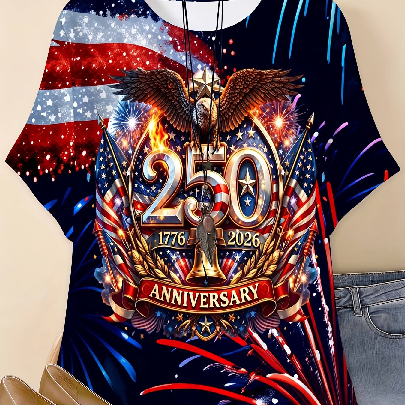 TEMU Women's Short Sleeve T-shirt | Red White Eagle 250th Anniversary 1776 2026 Fireworks Celebration Patriotic Wear Summer Outfit With Crew Neck And Slight Stretch Fabric