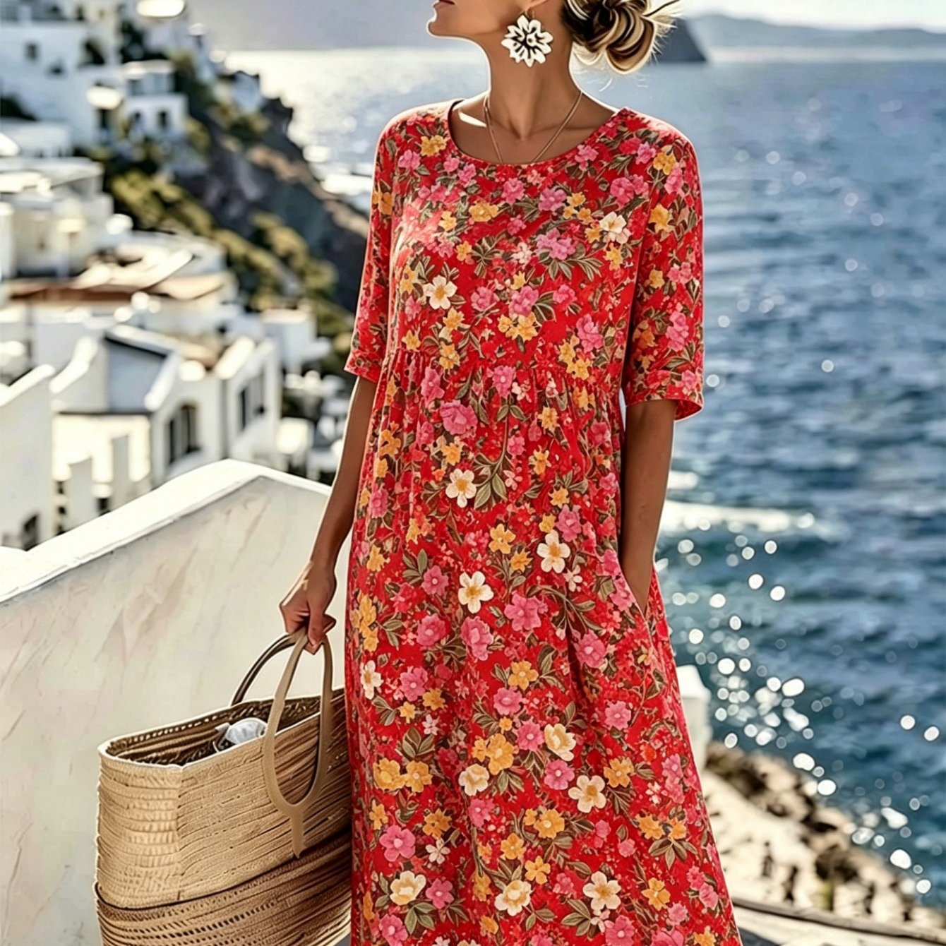 Image of Plus Size, Plus Size Red Floral Print Dress For Women Casual 3/4 Sleeve Crew Neck Loose Midi Dress, Lightweight Flowy Beach Dress