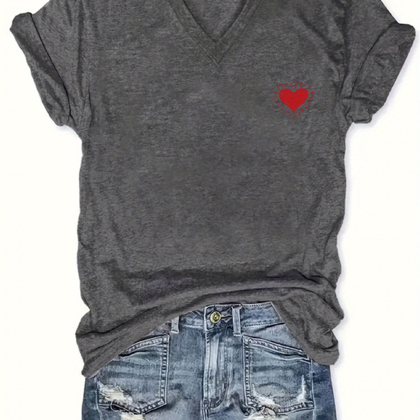 [v-neck T-shirt] Women's Casual V-neck T-shirt With Letter Humor Print, Short Sleeve, Geometric Pattern, Fabric, Regular Length, Pullover Style, For