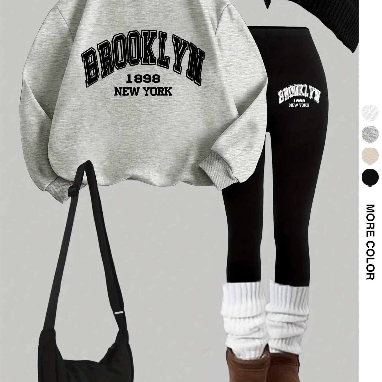 TEMU 0929gwen, 1 Set Casual Women's Sweatshirt Set 2pcs, Name Print, Round Neck Long Sleeve Sweatshirt, Long Leggings, Or Layering, Suitable For