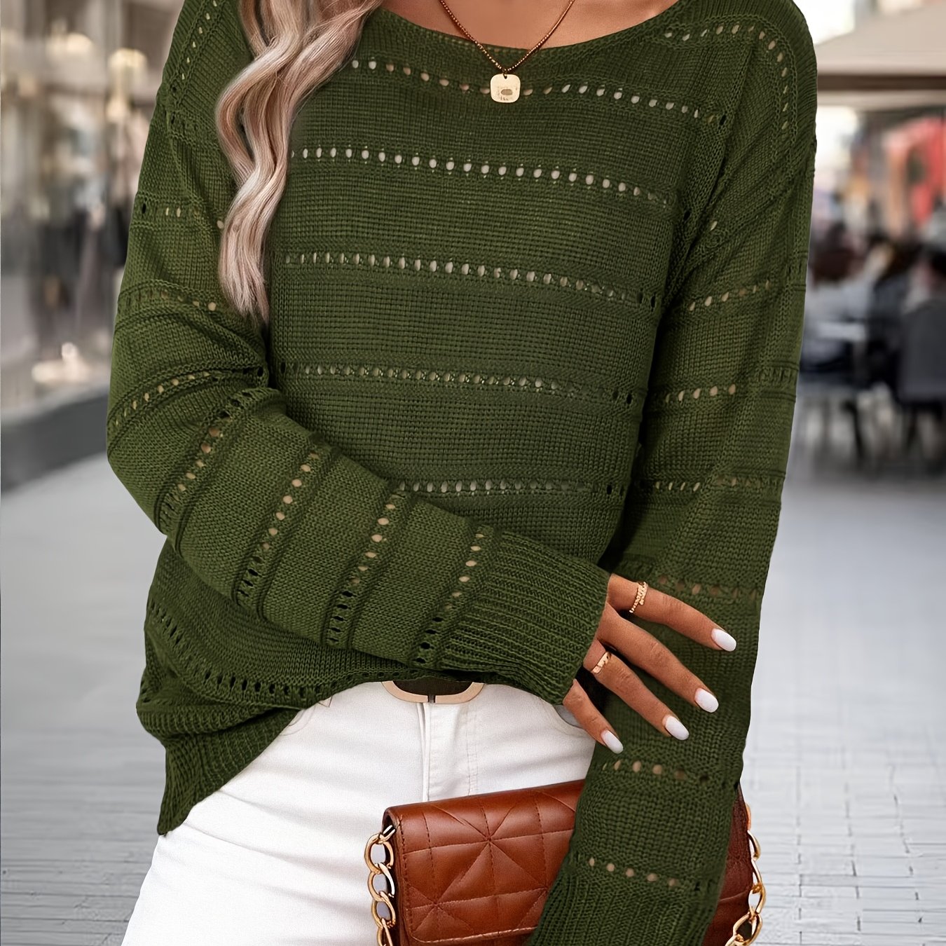 TEMU Spring And Summer New Women's Elegant Style Striped Hollow Long-sleeved Pullover Sweater - Boat Neck Design, Casual And Versatile, Fabric Soft