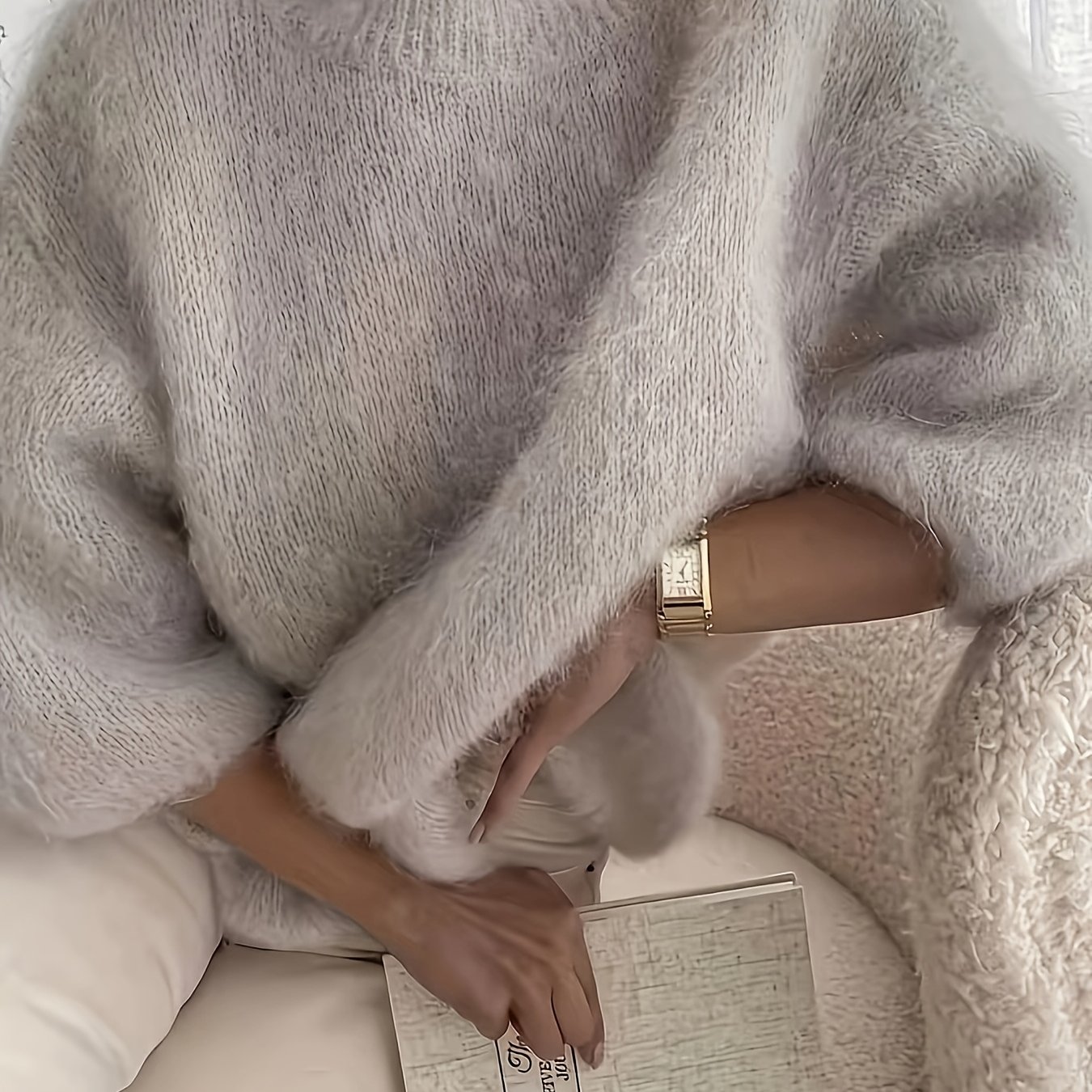 TEMU Light Gray Round Neck Pullover Sweater Top Women's French Casual Soft Mochi Solid Color Loose Versatile Blouse