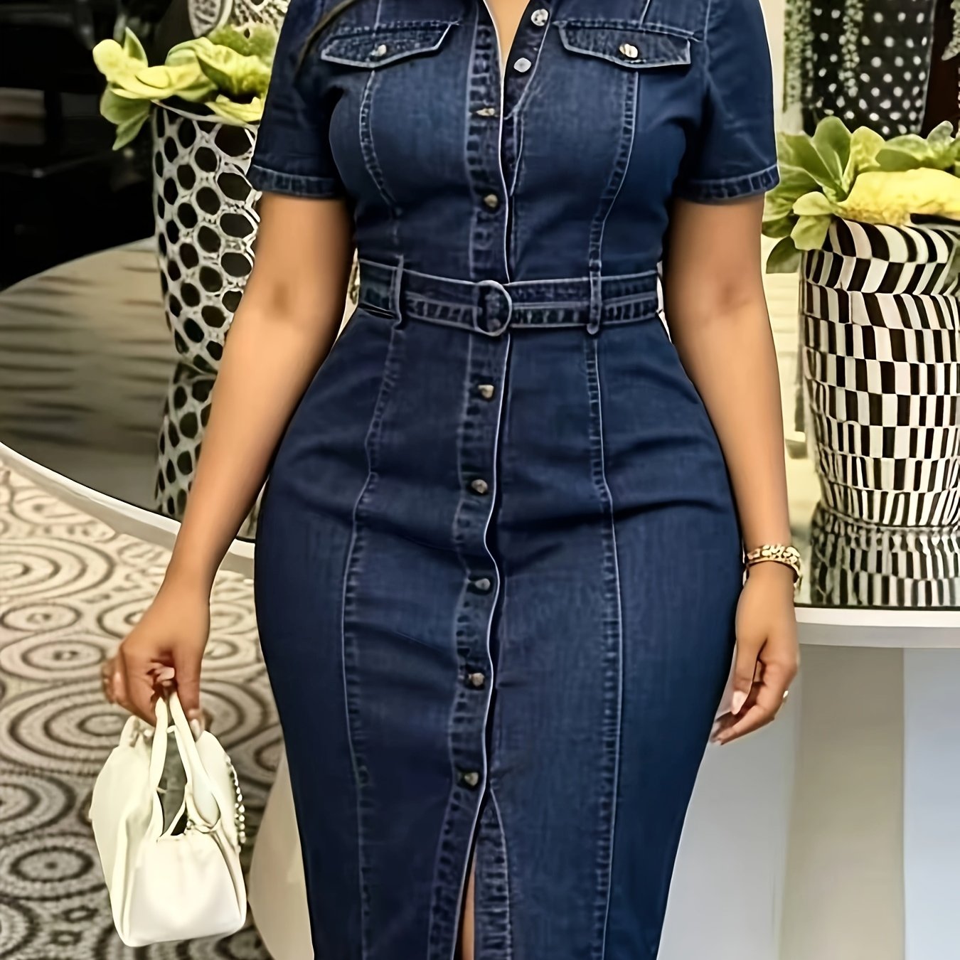 TEMU Women's Collar Lapel Short Sleeve Waist Tie Bodycon Denim Dress Fashion Casual 2026 New