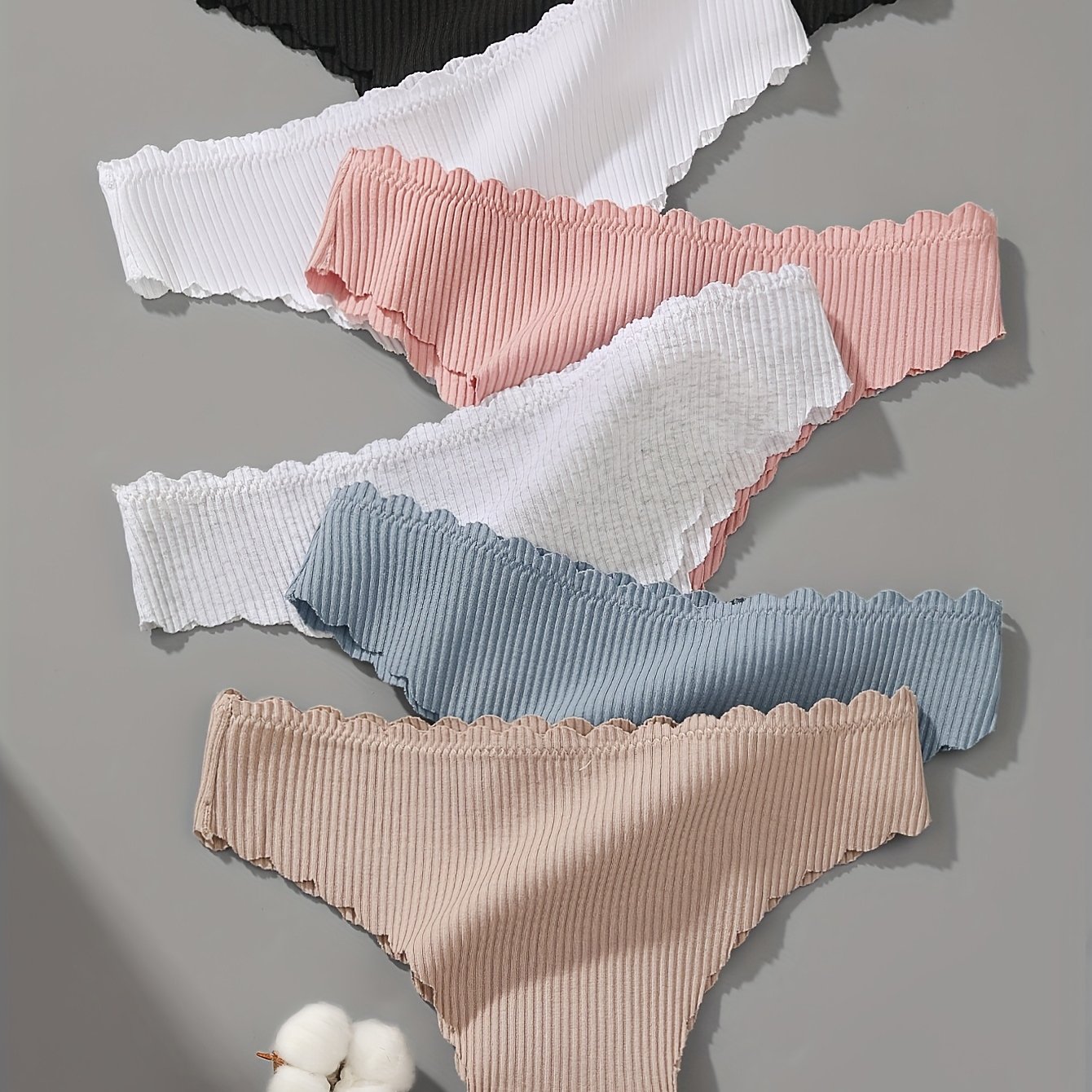 Image of 6pcs Underwear Set, Simple Seamless Wave- Panties, Women's Thong Panties, Vertical Stripe Ribbed Panties, Low-waist Panties
